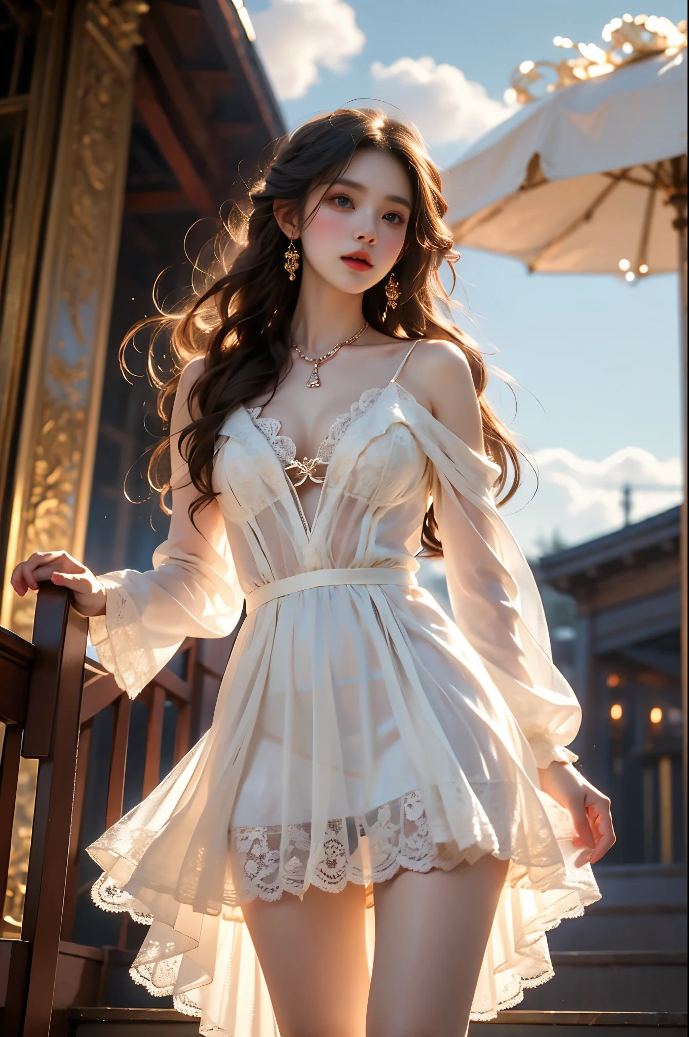 ,,(from below:1.3), (cowboy shot:1.3) hyperrealistic photography of a beautiful asian fashion model, perfect body proportions, long slender legs, (Full chest, obvious cleavage, very short hemline, fingers elegantly fluttering hemline), (standing pose:1.2), leaning against staircase railing, one leg straight, other leg slightly bent at knee, elegant leg posture, high heels closer to camera, professionally lit fashion photoshoot, low angle shot, blue sky with white clouds, 8k uhd, masterful composition, photorealistic, detailed face features, glossy long hair, soft natural makeup, detailed skin texture, professional lighting, sharp focus, high end fashion magazine style, ultra detailed