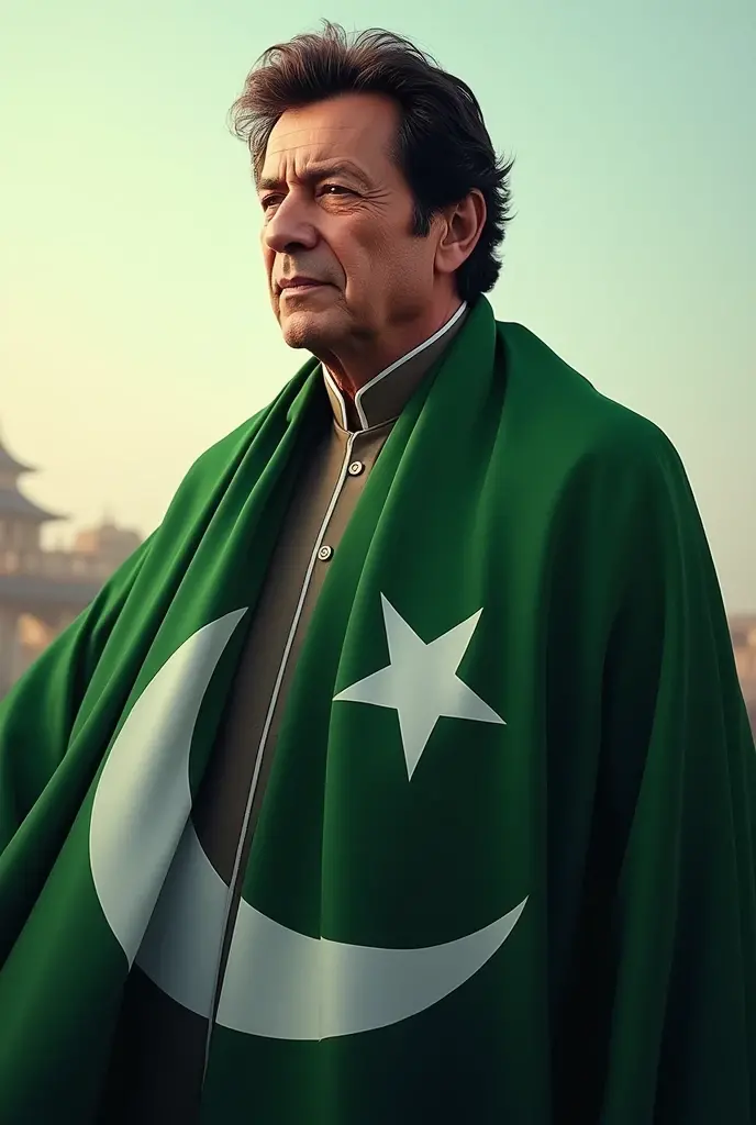 Imran khan with pakistani flag stand 
