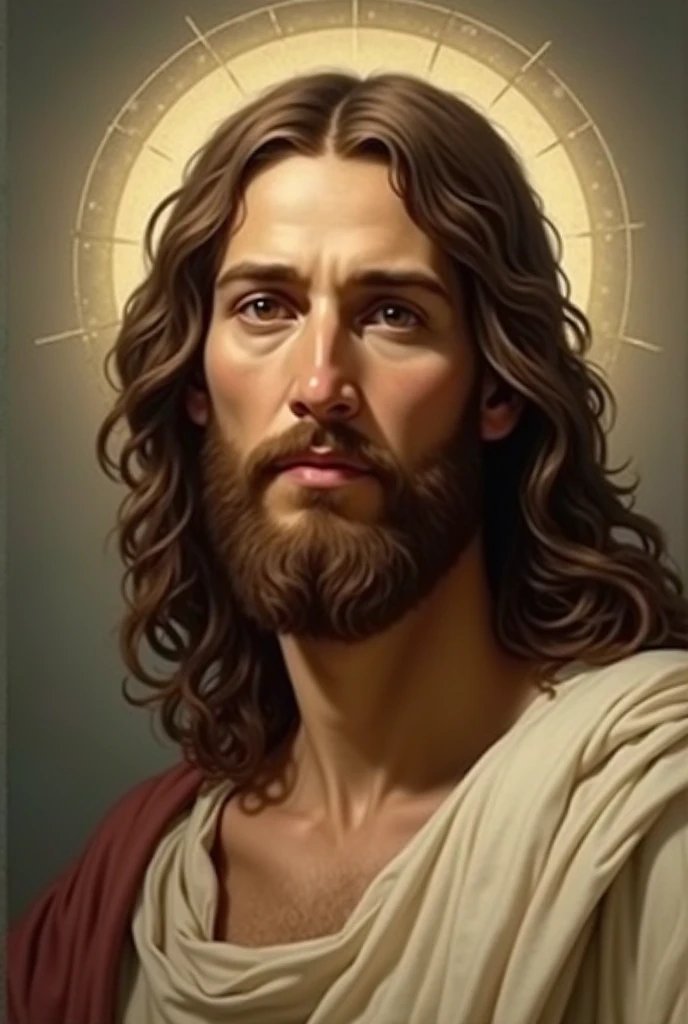 add_detail:1, realistic image of Jesus Christ, half the body, add_detail:light and distant from heaven above the head
