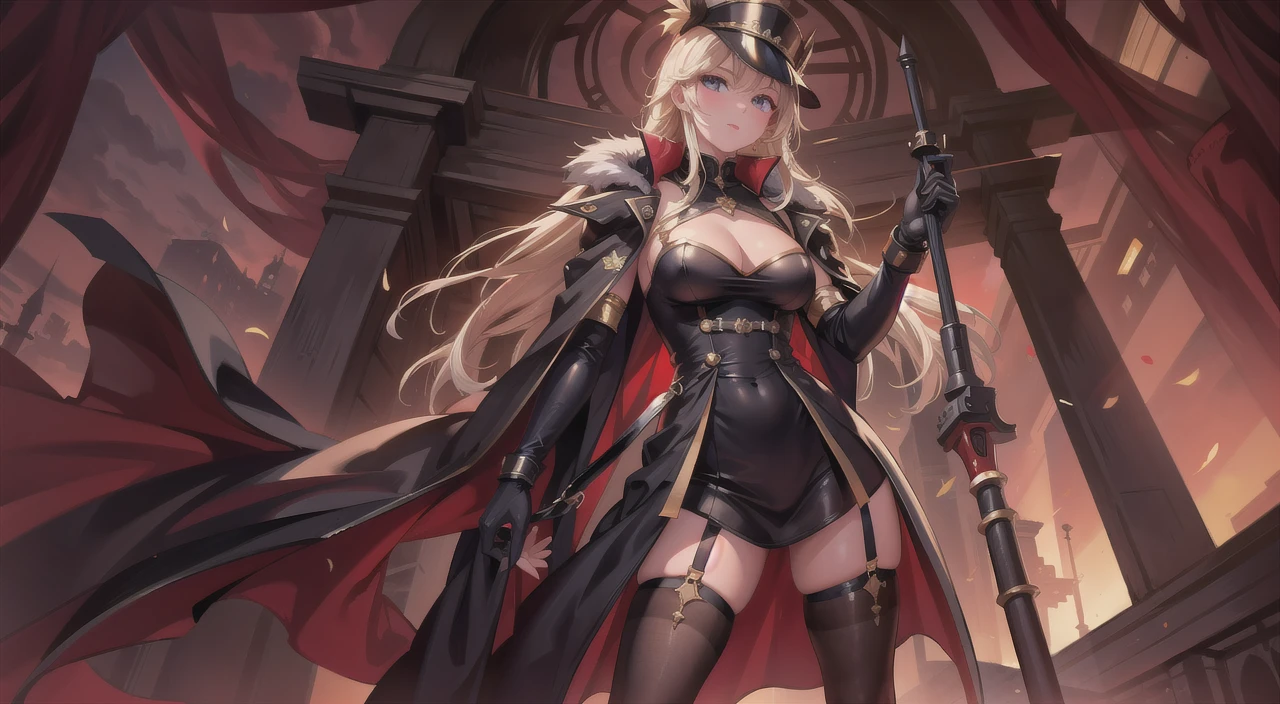 high quality, High resolution, super detailed, High level image quality, high quality, anime illustration, (Beautiful detailed eyes: 1.2), detailed eye description, (small eyes and small face:1.3), (Highly detailed CG, best shadow:1.1), depth of field and blur, (perfect details: 1.1) , digital illustration, エナメルart, center, watercolor painting, artステーション, コンセプトart, character sheet, lightning wave, 美しいアニメwatercolor painting, Bright colors, sharp focus, art：:Kim Hyun Tae, small details, intricate details, High leg,  big breasts, huge ass、curvaceous body, detailed eye description, Bright colors, sharp focus, realistic skin texture、whip body,short cut hairstyle, (blonde) hair color, (black) eye shadow, () lip color, (red) and (black) plaid corset, (black) leather pants, (black) Knee-high boots, When it comes to accessories (Silver) sword, (Money) belt bag, (red) cape, The background is (white) and (Money) luxury castle, confront the soldiers (green) and (Silver) armor.
