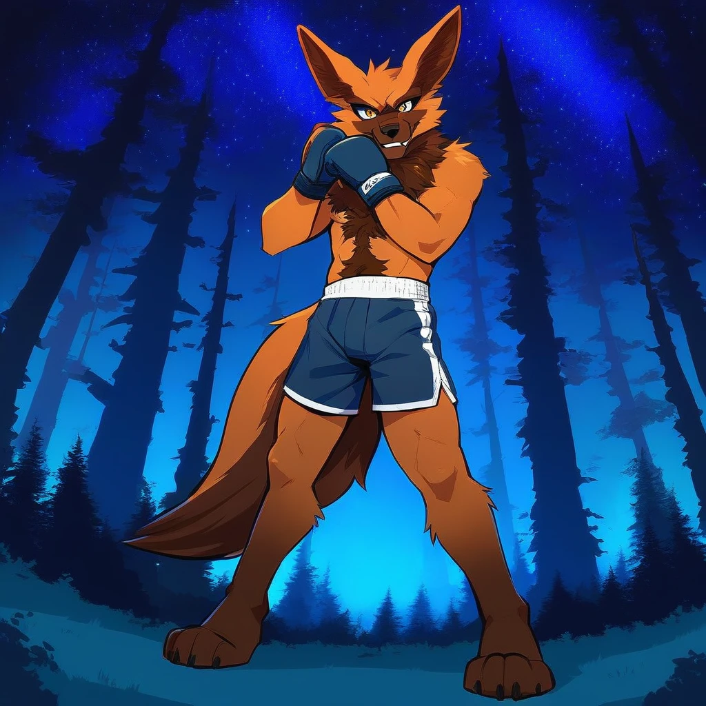 anime style, an adult Man dark brown Kurama, eyes with pupils, dark brown fur, animal ears, black nose, body hair, face, eyes, full body fur, furry long tail, tail, boxing shorts, gloves and shorts, showing gloves, raised gloves, fighter, night sky, forest, Olhos azuis, lifting the gloves to his face, butt