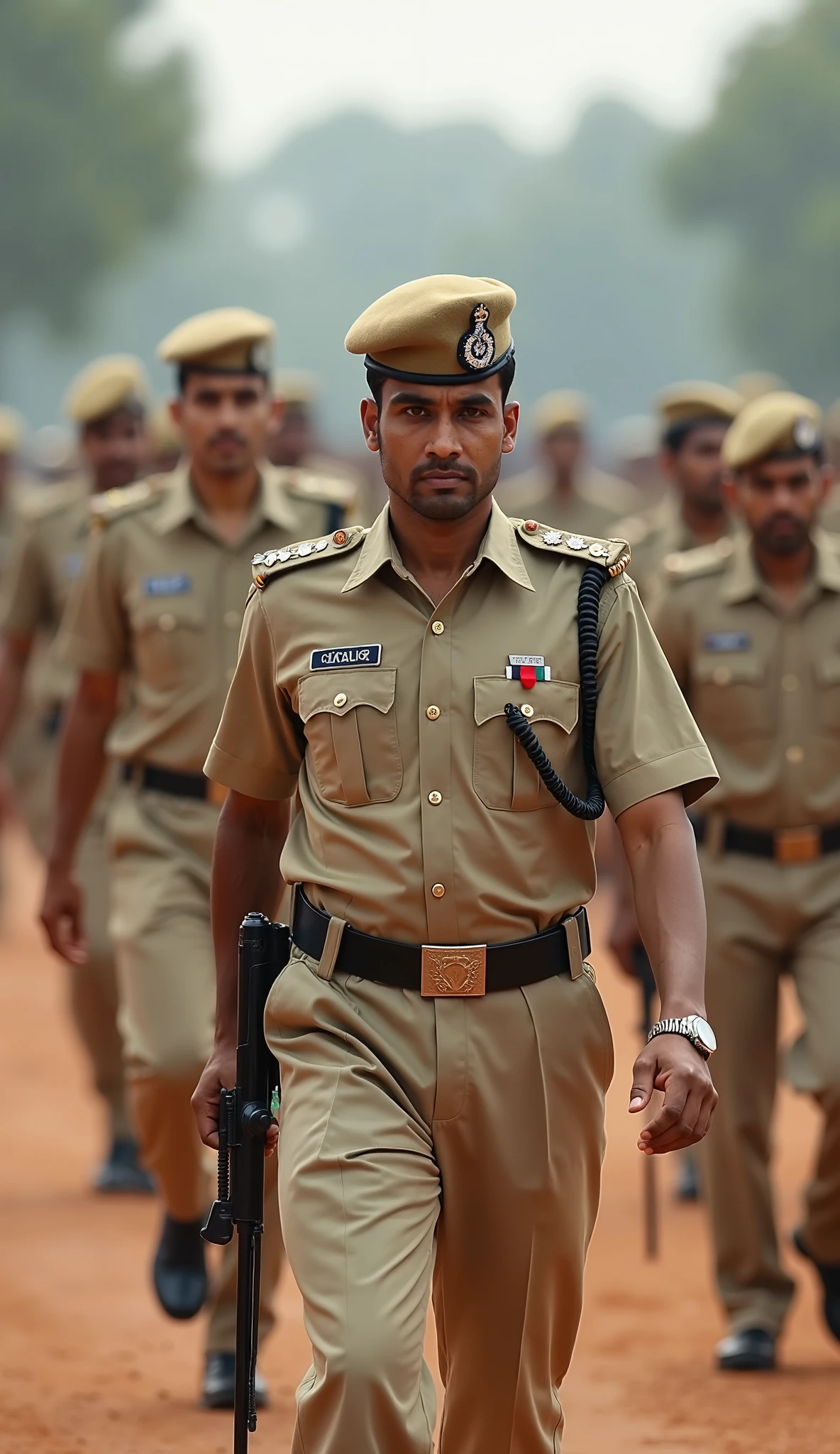 a stunning intricate full color photo, (1man), Indian police officer, wearing khaki uniform, (Indian_Police_Uniform:1) <lyco:Indian_Police_Uniform_V1:1.25> epic character composition, sharp focus, full focus, realistic light, subsurface scattering, f25, 35mm, film grain, analog style