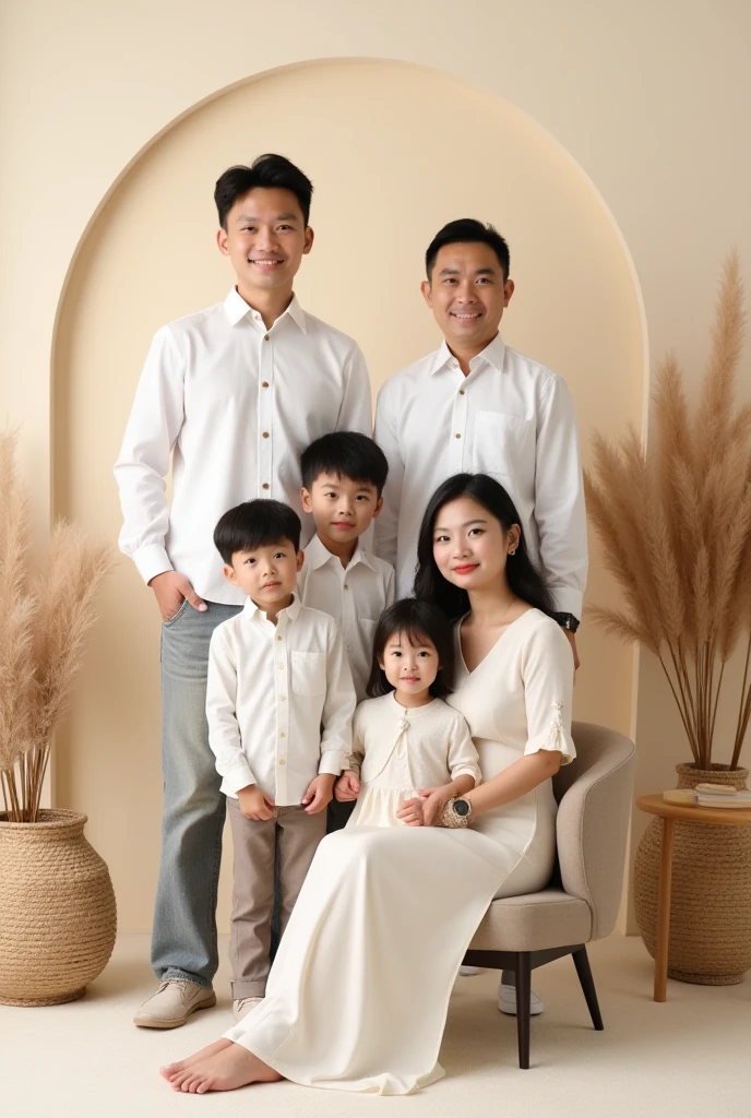 
3D caricature image with a big head, Normal eyes.family photo with 3 people, father, mother and 6 year old son. Dad wore a white shirt with neat hair. Mother wore a polite white dress with her hair in a ponytail.  wearing a white shirt. sitting on the sofa in the living room. Hyper realistic
