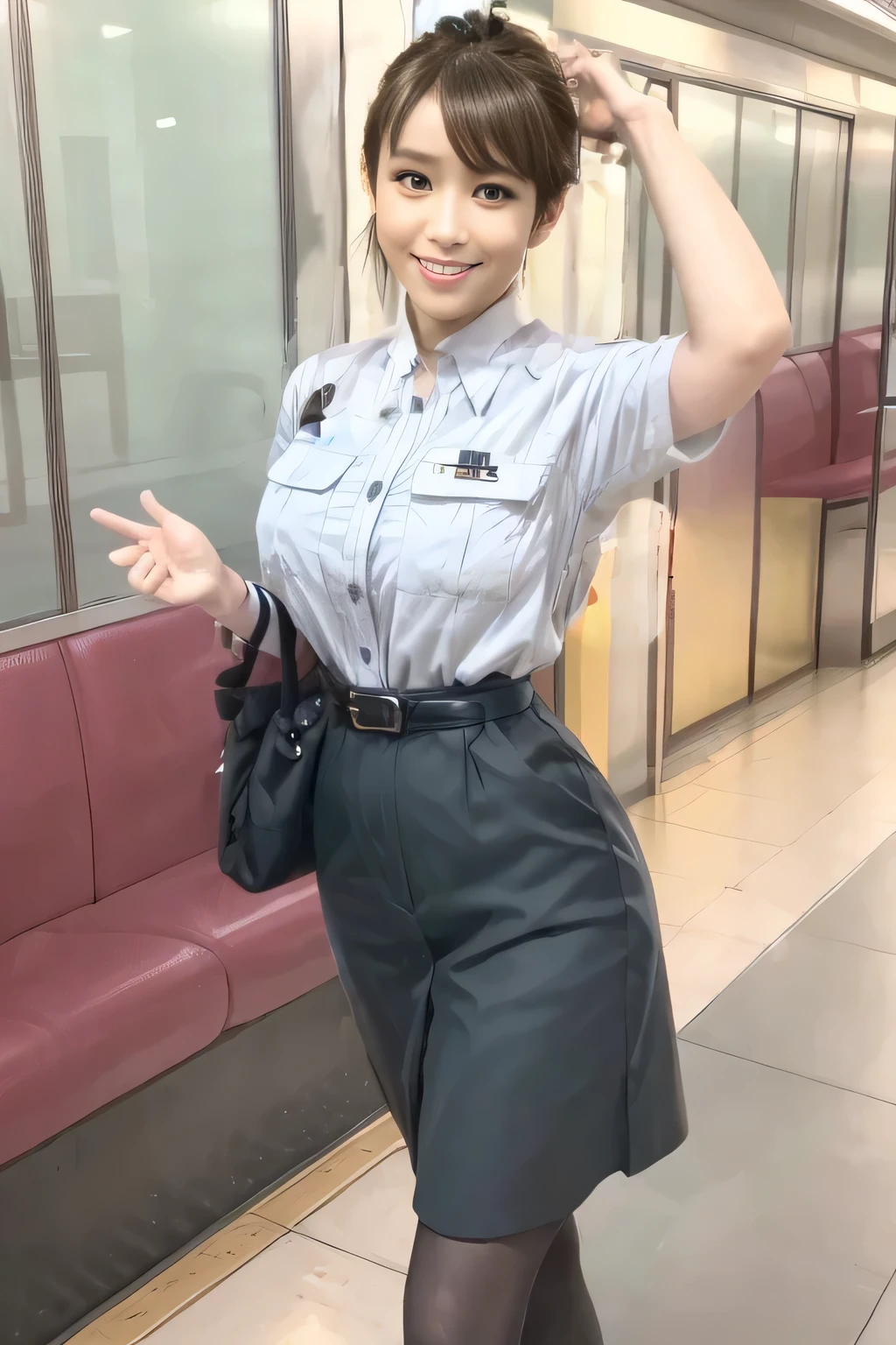 (Masterpiece:1.2, best quality :1.2), 32kHDR, high resolution, (Alone、 1 girl)、(Rooftop of a building during the day、 professional lighting )、Building rooftop background、( Tokyo Subway Woman Crew Uniform Real Style Woman 6)、(TOKYO SUBWAY WOMAN CREW UNIFORM BLOUSE SHORT SLEEVE 、 above knee culotte skirt、Waist belt)、 black pantyhose holding a puppy、 dark brown hair 、( hair gathered、 hair bang)、 dark brown hair 、Long Hit、 big breasted 、Thin legs、(( amazing hands:2.0)),((harmonious body proportions:1.5)),((Normal limbs:2.0)),((Usually refers to:2.0)),(( Delicate Eyes:2.0)),((Normal eyes:2.0)))、(Beautiful standing figure showing the Tokyo Subway Woman Crew Uniform) 、Hands crossed underneath 、Shy smile