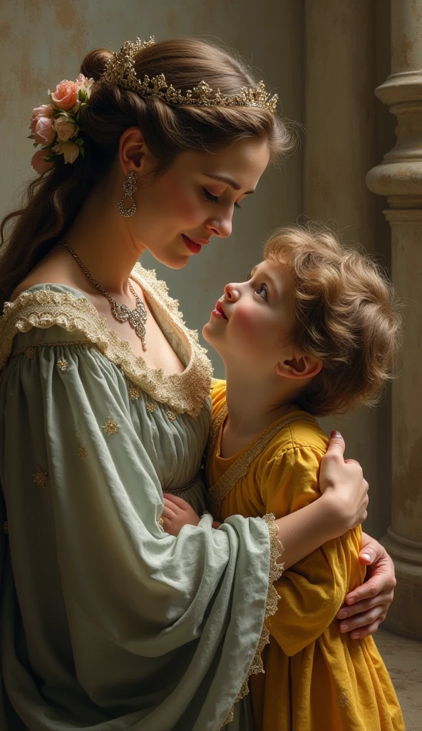 Beautiful aristocratic woman with soft features kisses a little boy, epitomizing old-fashioned class., sophistication, elegance and utility, natural beauty. lush, thin waist, wide hips, Hip swaying. Luxury, historically accurate Victorian dress, little boy squeezing woman&#39;s breasts.
