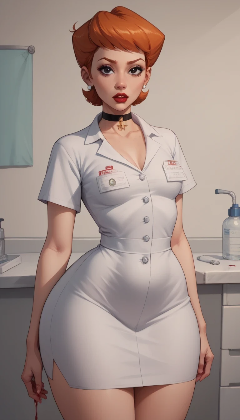 score_9, score_8_up, score_7_up, BREAK, 1girl, solo, black eyes. ginger. small saggy breasts. bbw. huge hips. dextersmom, makeup, jewelry, mature female, choker. Hospital. the clothes of a medical worker. the hospital ward. blood.