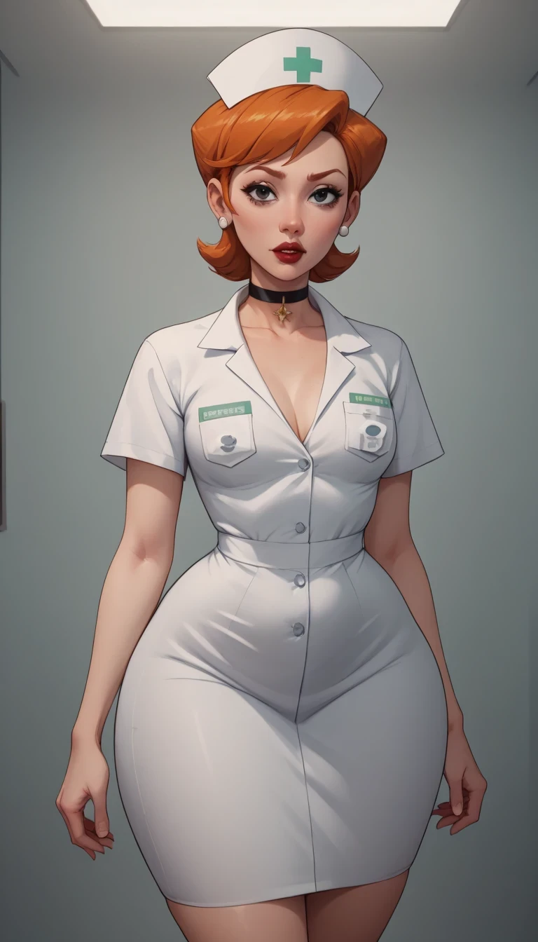 score_9, score_8_up, score_7_up, BREAK, 1girl, solo, black eyes. ginger. small saggy breasts. bbw. huge hips. dextersmom, makeup, jewelry, mature female, choker. Hospital. the clothes of a medical worker. the hospital ward. blood.