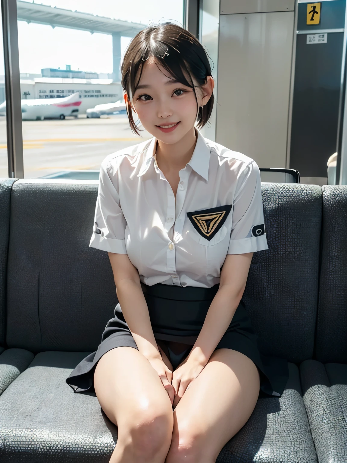 Highest quality、 excellent detail 、 very detailed depiction、( realistic texture 、Original photo:1.2)、Delicate skin、Ultra high resolution、 perfect style、( photorealistic、live-action、 Brilliant Colors )、 bright lighting 、 natural light、( Cute Japanese Woman 、 Cabin Attendant 、Big, pretty eyes 、 amazingly cute、 Seductive smiles :1.3)、(Big and cute eyes、Droopy eyes:1.2)、(Inside the bright airport lobby、 Turn Your Body Here、Sitting on a chair with legs slightly extended、 short hair、CA Cosplay、可愛い Cabin Attendant 、 pencil skirt 、 cute panties are visible、 fresh thighs 、 triangle zone in the bright airport、 Direct Shot 、 looking at camera :1.6)、 and see a little bit of cleavage 、 perfect anatomy、 full body shot 、(Leg focus、 slightly further:1.3)