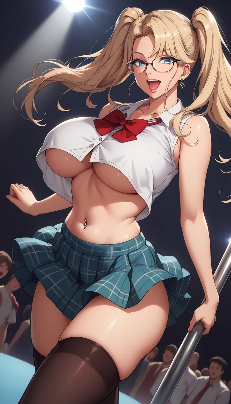 Highest image quality、8K quality、masterpiece、professional writing、（Two big breasted girl are standing：1.3）、（Super big breasts compressed with clothes：1.2）、Whitening skin、Shining blue eyes、school, in classroom,（A tight pure white shirt that completely covers her ,big round breasts:1.2)、Crimson Ribbon Tie、Amazingly short super mini pleated tartan check skirt、(The upper body is hidden by the shirt and no skin is visible.:1.2)、(slim waist:1.2)、above the knee、Skirtliftv1、(Beautiful butt:1.4)、(Super big breasts straight ahead composition:1.2), ,((short golden hair)),(golden eyes), Rose cheeks, Pretty Face, A perfectly proportioned face