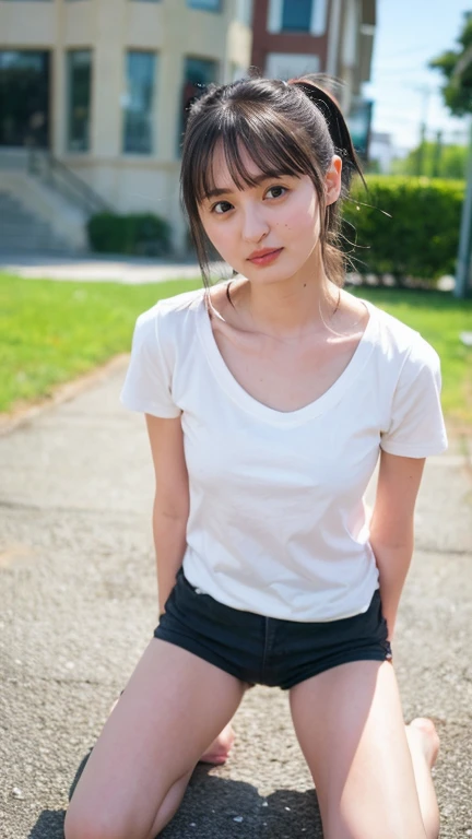 (((One girl,alone))),(Highly realistic photos, High resolution, Detailed face, Beautiful Eyes) Japanese women, 21 years old, Cute Face, alone:1, Nice body, Medium chest, ,Hairstyle, Take a photo book,,Healthy Body,Thighine Fujiko, up your skirt、Showing pant