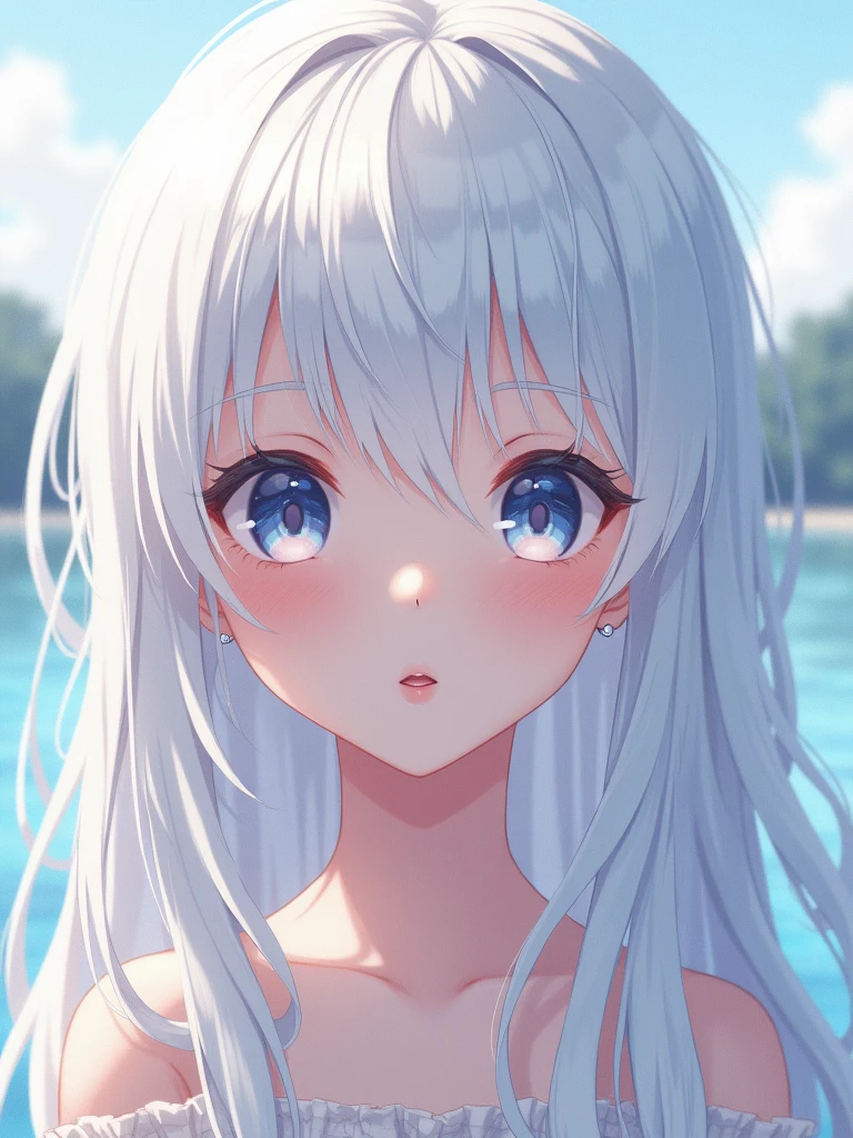 best quality,In 8K,High resolution,((muste piece:1.2)),(photorealistic:1.4), (masterpiece, side light, Exquisite beautiful eyes: 1.2), masterpiece*Portrait, real, 3D face, glowing eyes, shiny hair, shiny skin,solo,full body portrait,Lolita girl(A very beautiful and delicate 12 year old girl,attractive oval face,double eyelids,deep blue eyes,rosy lips,narrow nose,light blue silver hair,long hair,twin tails,childish),white swimsuit,Seaside Cottage,coastal,on the beach,have cream,
