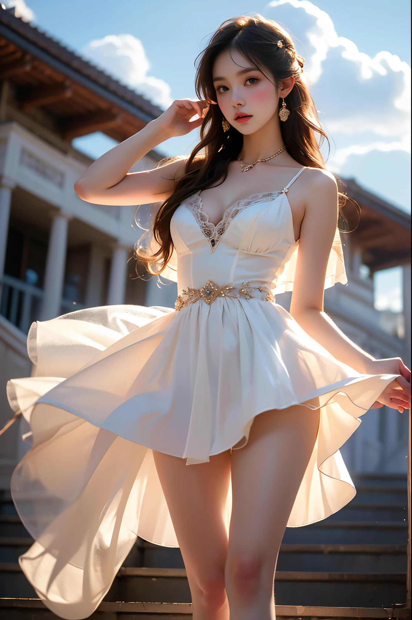 BAINV, Beauty, beautiful女人,Have a perfect body:1.4,Layered Hairstyle,Big breasts, Visible cleavage,Bare shoulders, Highly detailed face and skin texture,Double eyelids,Skin Whitening,Long hair,Whitening long legs,Standing by the sea, Fashion girl, Red lips, Sweet maiden, beautiful妆容, detail, lifelike, Very detailed, amazing, beautiful, Young and energetic, high quality,High Definition, rich and colorful,Exquisite, Smooth skin, The skirt is short, Lift the skirt with your hands, Elegant and charming posture, Official Art, Extremely detailed, Movie atmosphere, Soft colors, Natural skin texture,