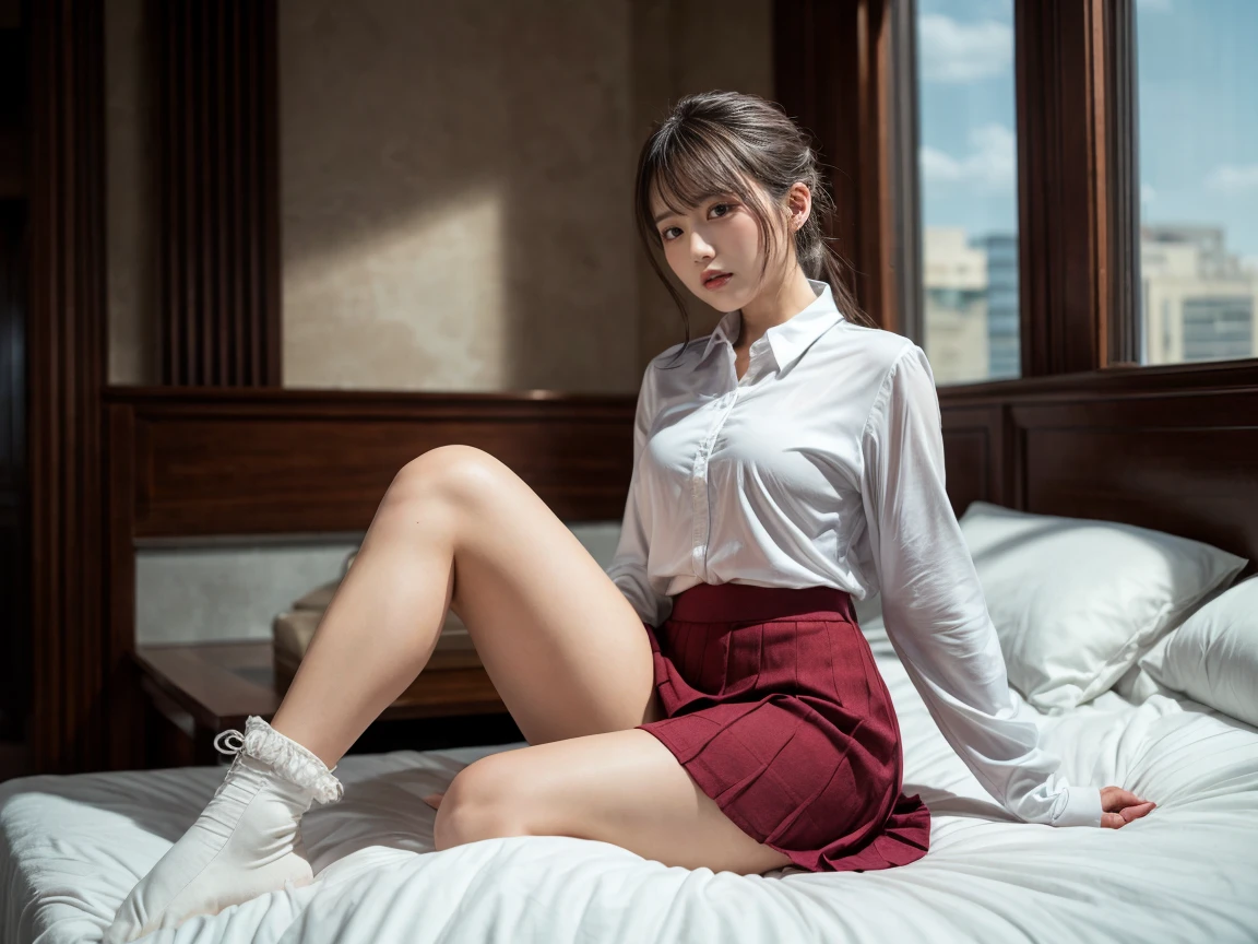 (Photoreal: 1.4), (Hyperrealistic: 1.4), (Realistic: 1.3), (Smooth lighting: 1.05), (Improved cinematic lighting quality: 0.9), 32K, 1 female, 24 year old waitress, Angle from above looking down at the bed, Looking up at the camera in bed, Holding with bent knees, Realistic lighting, Backlight, Face Lights, Ray Tracking, (Bright Light: 1.2), (Quality Improvement: 1.4), (Quality Improvement: 1.4), Fine Detailed Eyes, Fine Quality Eyes, Dark Brown Eyes, (Wet Open Lips Are Reflecting Lighting), (Tired and Sleepy and Satisfied), (White Blouse), (Black Cafe Skirt: 1.3, Black Cafe Apron: 1.3), (White Bra: 1.3, white panties: 1.3), (white silk socks of shiny smooth fabric: 1.5), (black loafer shoes: 1.3), dark brown hair, pure white silk socks, (lying in bed: 1.4), facing the camera, legs open, (full body: 1), (women open their breasts, open their thighs, bend their knees so that their crotch is visible))