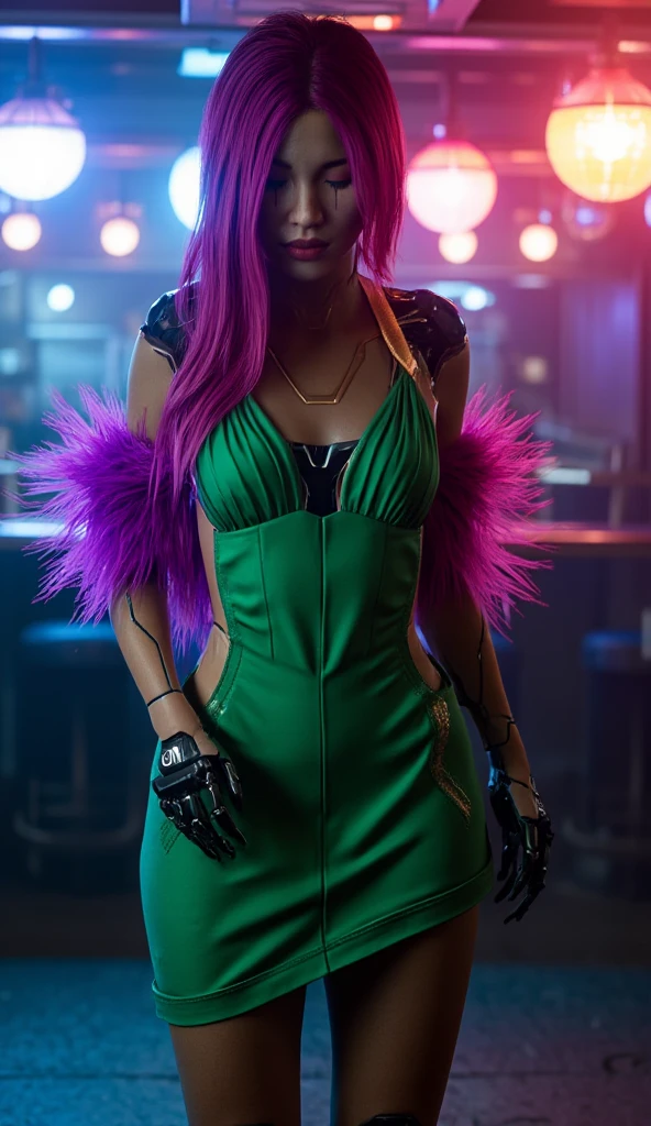 {
"prompt": "A fusion of the iconic female Joker from DC Comics with a seductive, feminine twist on Michael Jackson's style, posing confidently in a glamorous stage setting. She has pale white skin and wild, vibrant green hair styled in messy, chaotic curls. Her makeup is heavy and smeared, inspired by Heath Ledger’s Joker, with dark, hollow eyes surrounded by smudged black makeup and a blood-red, twisted smile that extends unevenly beyond the corners of her mouth. She wears a form-fitting, black sequined jacket with a plunging neckline, reminiscent of Michael Jackson’s iconic style, over a revealing purple bikini top and matching high-waisted mini skirt. The outfit is completed with shiny black ankle boots and white gloves, adding a pop-star flair. She stands on a dramatic stage with dazzling spotlights, a mix of edgy theatrical elements, and glamorous decor. Her pose is both alluring and commanding, with one hand striking a pose while the other playfully adjusts her green hair. Her gaze combines a mix of madness, seduction, and charisma, creating a striking and unforgettable fusion of chaotic elegance and classic pop-star allure.",
"size": "1024x1792"
}