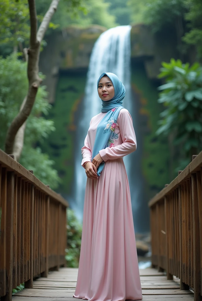 a woman in a dress holding a purse, red abaya, feminine in cute pastel shades, inspired by Nazmi Ziya Güran, pastel red, feminine, belly free teal dress, turqouise, hijab, inspired by Shaddy Safadi, detailed full dress long sleeve, full body
