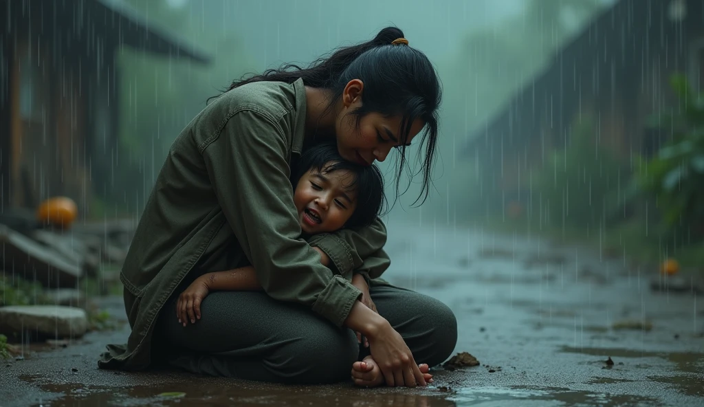 A Farmer poor lady crying in ground in rain session with her daughter in dark sunset time hyper realistic 