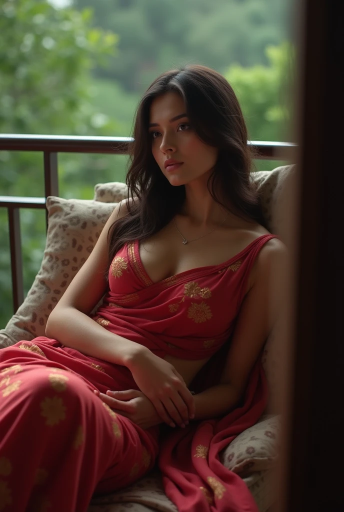 nsfw, Classic Bollywood glamour, wearing red evening gown, dazzling accessories, (captivating eyes, red lips, flawless skin), luxurious backdrop, velvet curtains, dramatic pose, interesting composition, spotlight illumination, rich shadows, sparkling bokeh, exquisite details, high-resolution, 35mm film, timeless elegance, natural blurry, spread legs:1.2, hairy_pussy, dark brown_hair, large_breast, holding_breasts, looking at the viewer naked