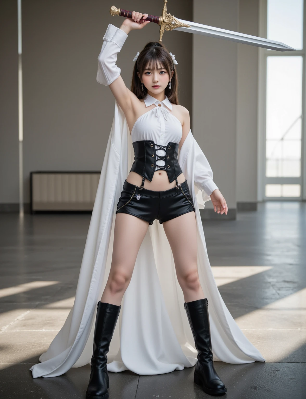 ,((Wearing a torn sheer costume of a superheroine)),(, No bra)), Wet crotch, Wet thighs, Beautiful girl with accentuated slender abs: 1.4, (((nipple tips protruding, areola is protruding, The shape of the pubic region is clearly visible)), sixpack abs: 1.4, Bust Botox, Photo, Sharpness, Unique 850 4, Koda850 k portrait camera, F1.6 shots, Ultra-realistic textures, Spectacular light textures, Cinestil 800 Fashion Mechanics, (futuristic sci-fi battle fashion: 1.1), (tied perfectly by chain), Restraint, Slaves, collars, ((wide prison with sunlight)), Dark fantasy, Realistic material details, extreme hight detail, Ultra-realistic materials ((Torn costume))), Wet, Cloudy, (Chained)), ((big emphasized by chains)), ((chains digging into crotch)), ( (Collar)), (, No bra), shredded costumes, broken golden shields and battle spears,, White combat gloves, Combat shoulder armor, Blood splattered on the face, Blood splattered, Realistic, (Bruises, Dirty, ripped clothing, skimpy clothing, Blood: 1.3), Torn Cape, Torn pantyhose, Long legs, ((iron pipe in the crotch)), Metallic shackles and fetters, ((chains hung from heaven)), Wet crotch is clearly visible, Swarovski's sword and the anatomy beneath his feet, (futuristic sci-fi battle fashion, Torn mesh stockings),Steel tights