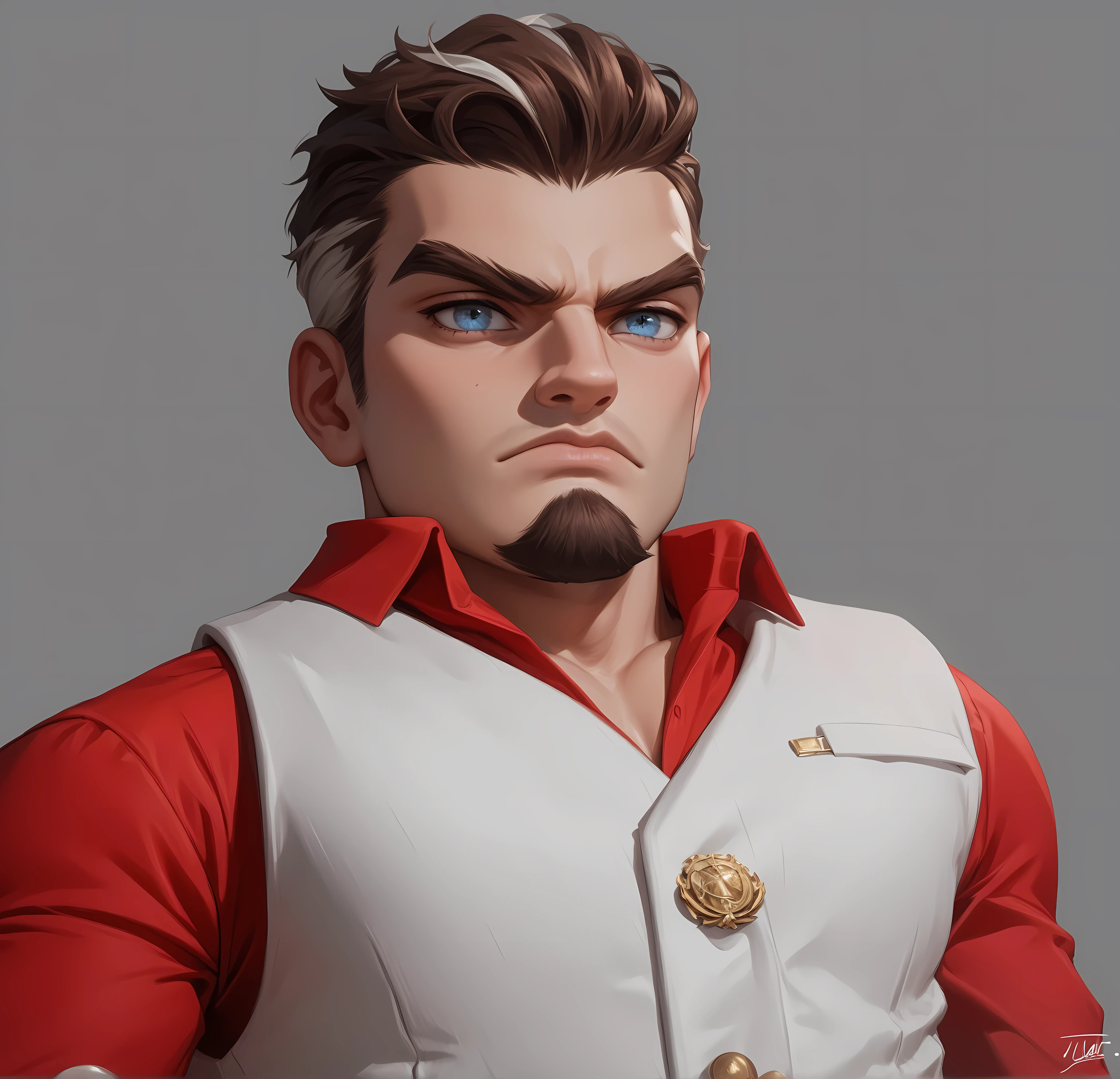 man,Italian Mafia,Mafia Boss, brown hair , and a strand of white hair on my ears, has a serious and ferocious expression,Fierce and angry,I have a beard on my chin , looking ahead , blue pupils,Profile, Red Shirt ,White vest,White Suit Vest,Brown eyebrows,Left hand on waist,UE5 Rendering,Lumen lighting rendering