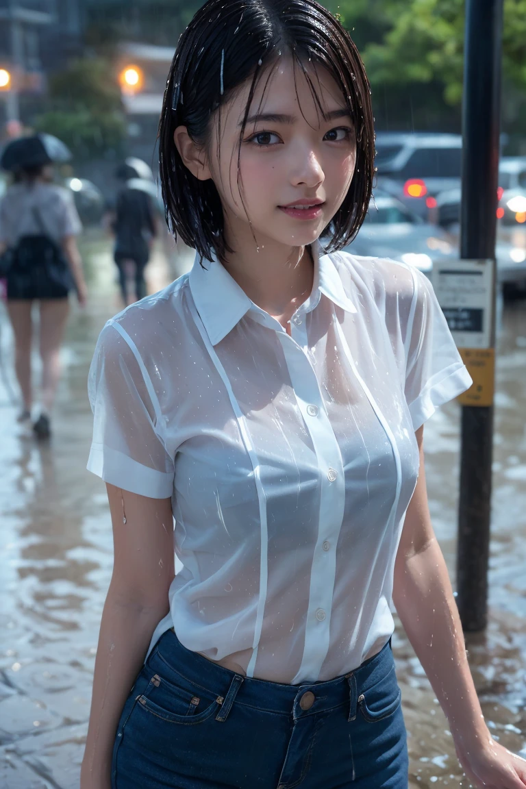 ((best image quality、8K、masterpiece:1.3))、sharp focus:1.2、beautiful woman with perfect body:1.4、slim belly:1.2、((layered haircut、big:1.2))、(No bra)(small and beautiful、hard(thin, Damp buttons down shirt length:1.1)、(School teacher&#39;s outfit wet from the rain:1.3)、(rain、street:1.2)、wet body:1.1、Highly detailed face and skin texture、detailed eye、double eyelid、 sunburned skin、Sexy、sunburn、Nogizaka Idol、korean idol、Gravure idol pose、