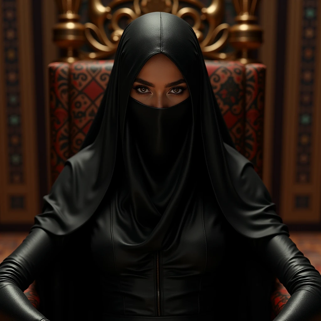 Young Kate Middleton in niqab, wearing a gothic lace black abaya, skullcap underneath, cotton mask on her face, very beautiful, fair,in a mosque on her knees