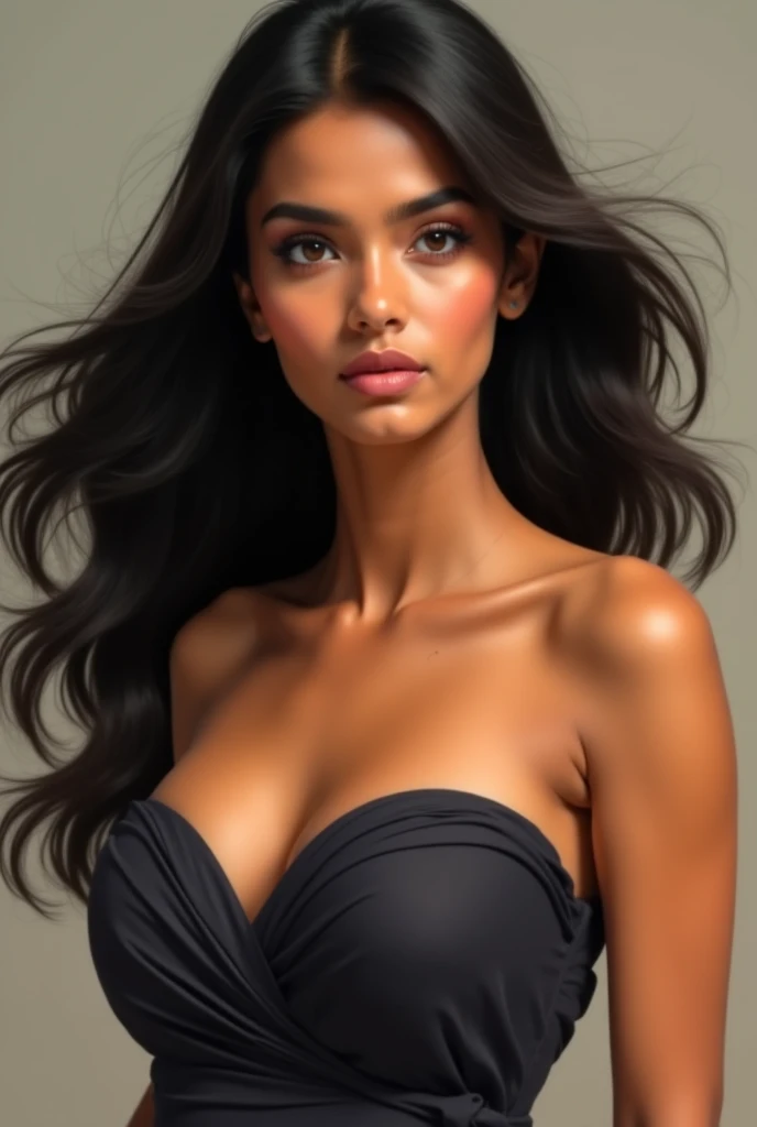 (best quality, Ultra-detailed, Realistic:1.37),Portrait,Femme Voluptueuse,fleur,tight dress, random dress color, Passionate gaze,grosses fesses,Couleurs vives,soft lighting, debout, full body view, extreme grand, longues jambes, very grand, grand, peau noire