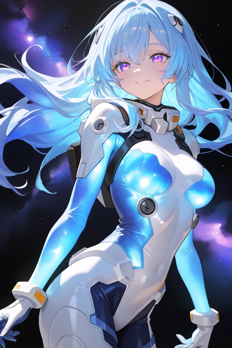 Anime with purple skin, blacked out eyes with yellow pupils, and light blue hair in space suit