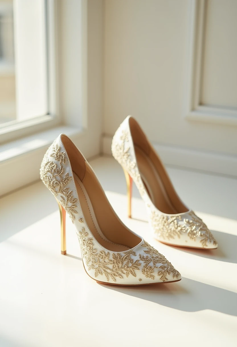A luxurious pump with embossed details on the pointed toe. dainty. Show the model's foot