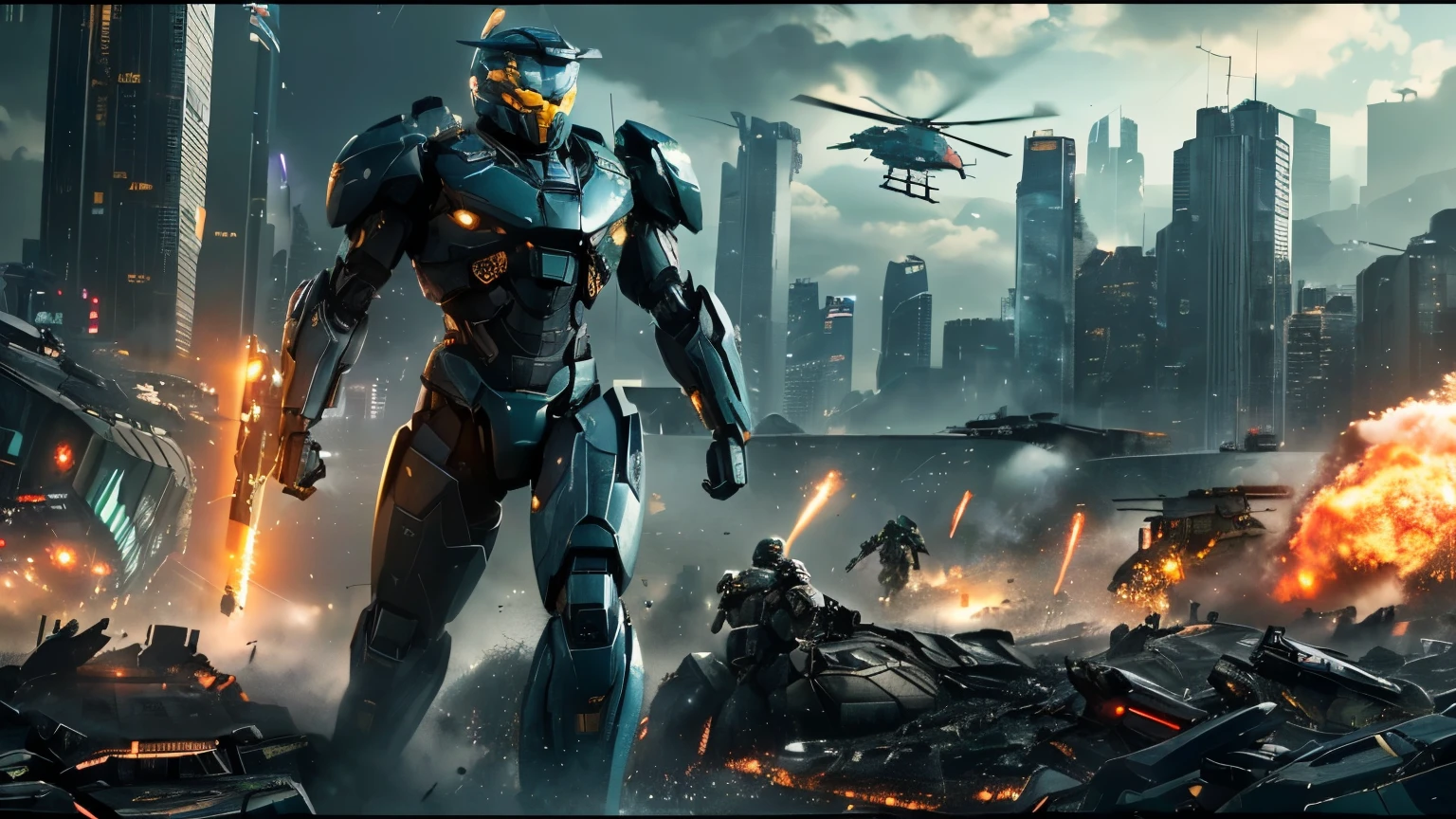 a man in a suit standing in front of a city with a helicopter, soldiers and mech fight, futuristic battlefield, hd wallpaper, pacific rim jaeger, in a scifi movie, master chief in cyberpunk city, epic sci fi battle, broken ruin pacific rim jaeger, cinematic 4 k wallpaper, cinematic 4k wallpaper, 4 k hd wallpaper very detailed, hyper realistic image