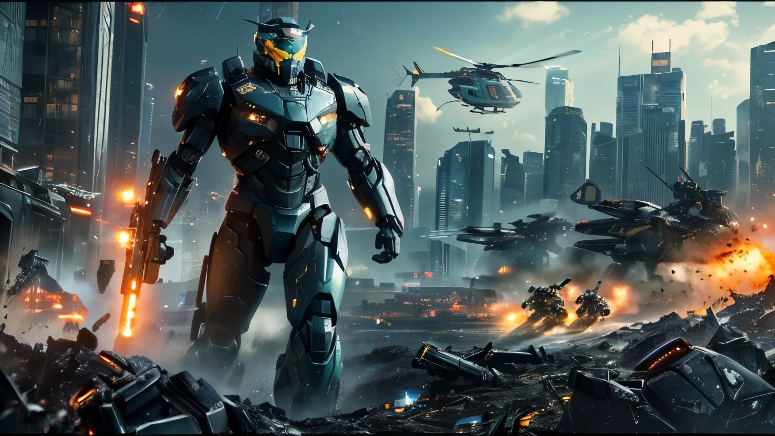 a man in a suit standing in front of a city with a helicopter, soldiers and mech fight, futuristic battlefield, hd wallpaper, pacific rim jaeger, in a scifi movie, master chief in cyberpunk city, epic sci fi battle, broken ruin pacific rim jaeger, cinematic 4 k wallpaper, cinematic 4k wallpaper, 4 k hd wallpaper very detailed, hyper realistic image