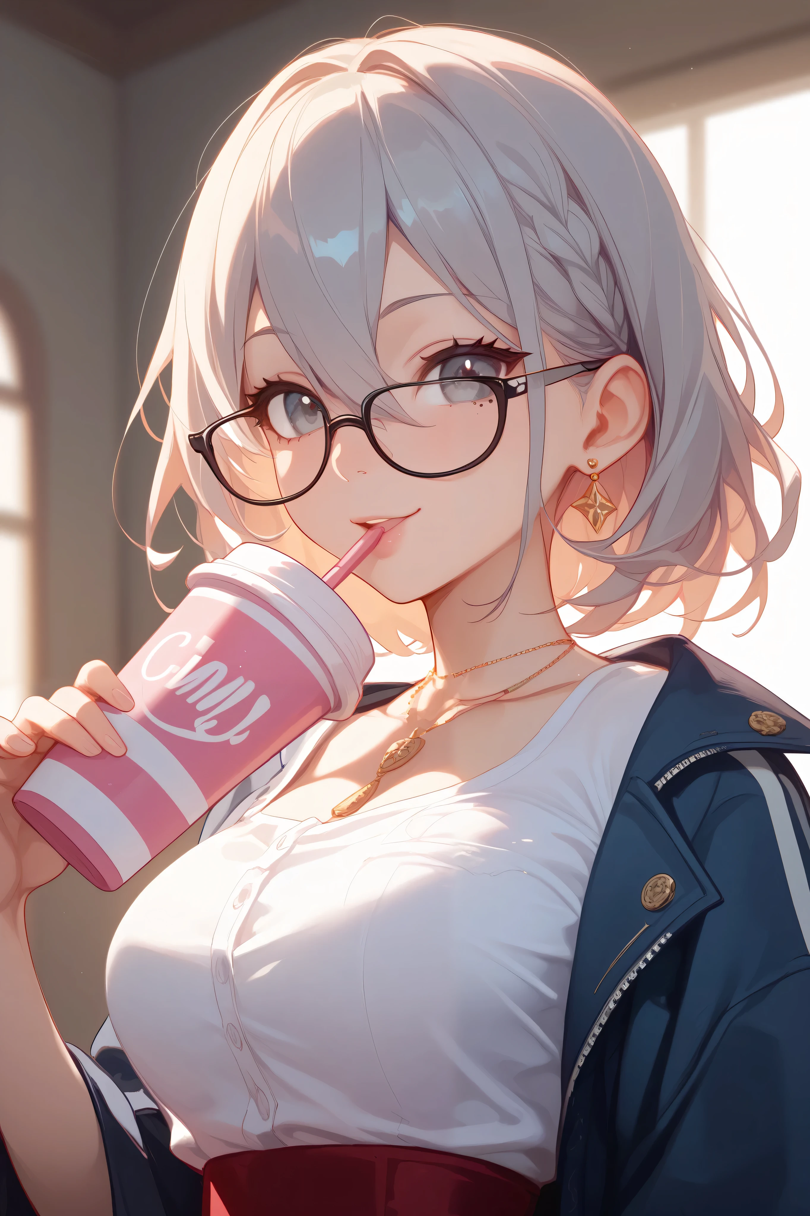 31-year-old female、Height: 157cm、F cup with 88 cm bust 、Waist 58cm、 hips 85 cm and preppy 、A little smile、Hair is shoulder length、 has big eyes、The nose is small、 My mouth is big on the side 、1 mole under the right eye、 White Oversized Tee、 tight hot pants 、 have gray eyes、 small distance between eyes and eyebrows、Glasses、whole body、I'm braiding tomorrow 、 I'm brushing my hair、