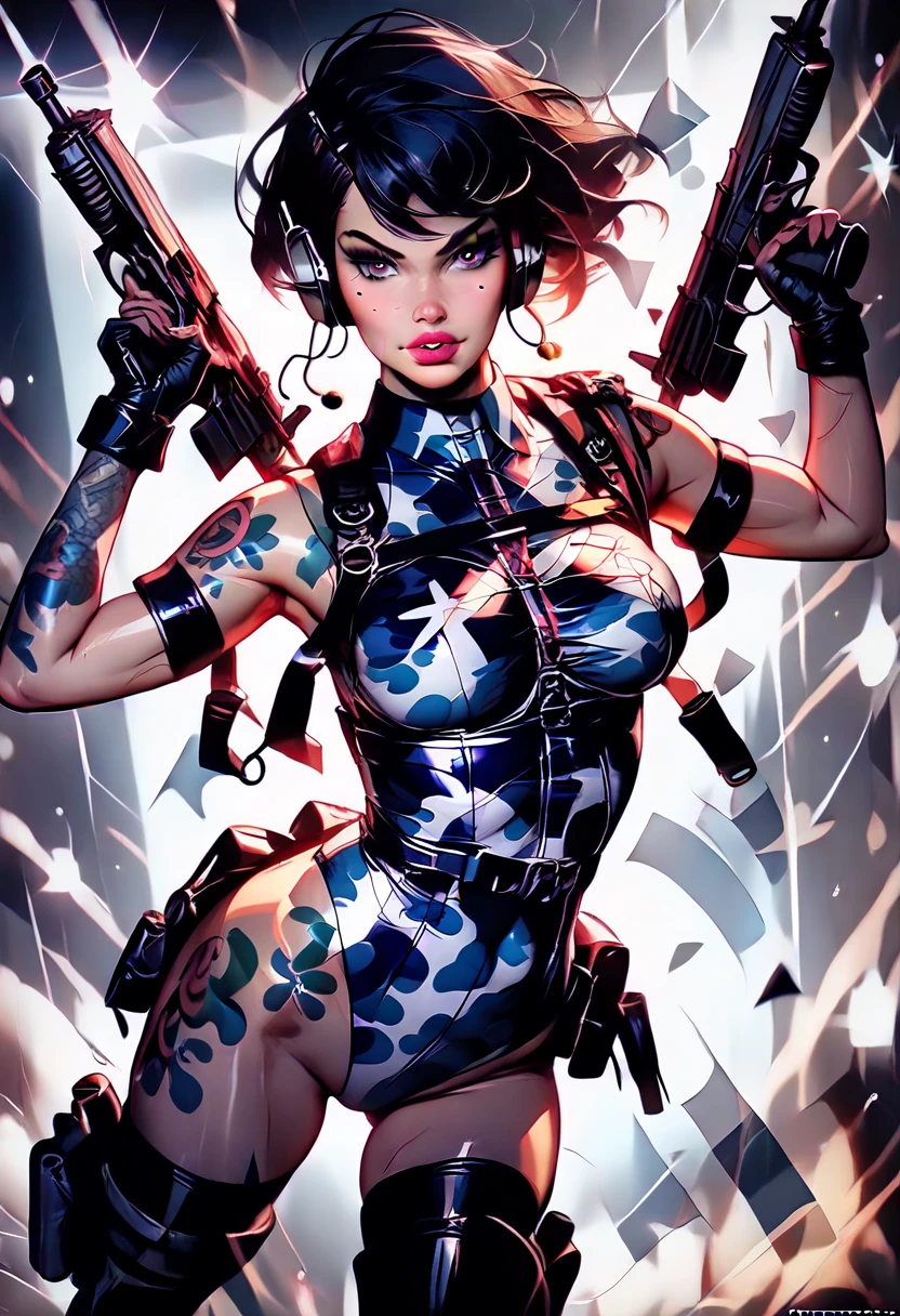 Alison Tyler as a realistic, complex cyborg face of perfect beauty, whole body, curved, on the comic panel, whole body, bold lineart illustration comics, alluring blue eyes, parted lips, perfectbody, curved, long black hair, NSFW:1.8, in the style of Adam Hughes, face detailed, parted lips, big fit ass ass, big fit ass , neckleace, (((from face to waist))), (((form of beautiful beauty))), wearing very small and sexy white lingerie with red lace, Blade runner, big fit ass city night background ((long sniper rifle artwork)), 4K, ultra HD, corset