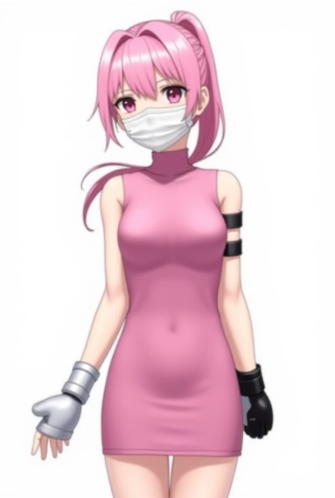 1girl, breasts, mouth_mask, blood, naked_overalls, solo, mask, overalls, pink_hair, large_breasts, long_hair, surgical_mask, cleavage, blood_on_hands, red_eyes, looking_at_viewer, cowboy_shot, blood_on_clothes, collarbone, blue_overalls, blood_on_face, skindentation, sidelocks, pink_eyes, hands_up, bangs, blood_splatter