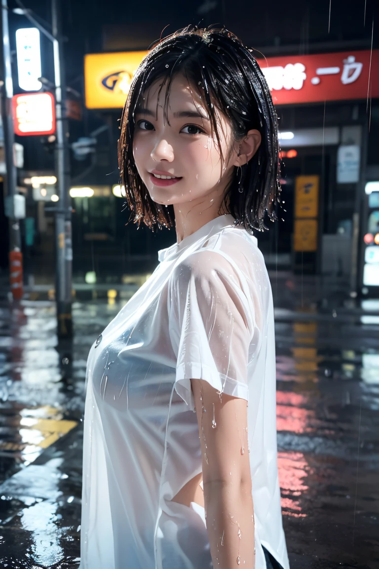 1 Japanese beautiful girl,28yo girl, Super beautiful detailed face, (smile:1.4), earrings, (blonde semi-long straight hair with parted bangs:1.4),(front view:1.5), (medium shot), (chubby body), (neutral-colored large areola:1.4),(nipples), BREAK, masterpiece, best quality, ultra quality, high quality, realistic, photo realistic, RAW photo, hyper detailed, intricate detaile,(crowded street:1.2),cinematic lighting,(denim micro skirt:1.3),(no bra),(wetshirt:1.4),white T-shirt,wet hair, ((dark cloud and sky)), raining, (rain filtered), (rain splashes in water),(lightning:1.2),(raindrops:1.1),(downpour:1.2),(raining:1.3),(nipples poking through shirt:1.3),above knee shot,((from front)),(revealing skirt),(showing panty,panty shot),