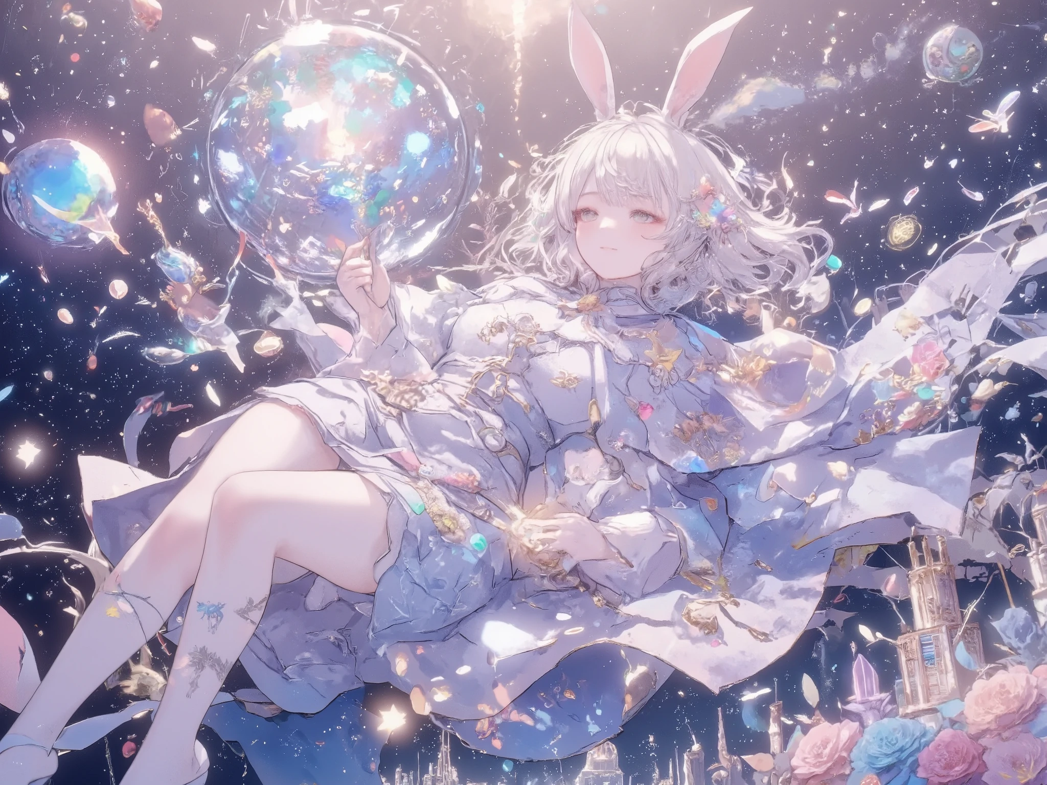 depicts a magical dreamland,very long whot, This is an absurdly fairy-tale-like, colorful and beautiful scene. amazingly cute girl\(cute witch is floating in mid-air, lying sideways in a relaxed posture with a dreamy smile on her face. She is wearing a magical outfit adorned with star and moon motifs, a soft pastel-colored cloak flowing gently behind her, and rabbit ear. Her hair drifts gracefully, and she holds a glowing wand emitting sparkles\),
background\(wide magical dreamscape,depicts a magical dreamland with a starry night sky, floating clouds, rainbow-colored magical orbs, shimmering particles dancing in the air, and glowing fantastical plants. In the distance, a magical castle and elegant towers rise into the sky.\),
effects\(magical dreamscape reimagined in a, top left featuring cubist stars(geometric and fragmented stars), abstract fragmentation(segmenting the night sky), top right showcasing shattered glass effect(disjointed towers and clouds) and dynamic perspective distortion, geometric layering(structured overlapping design), center right detailed with kaleidoscope highlights(reflective accessories and patterns) and mirror shards(split mirror-like textures on the dress), bottom left enriched with textured collage(collage-like combination of flowers and stones) and high-contrast outlines(defining bold edges), bottom right deepened with asymmetrical cubism(irregularly divided cityscape) and tilted fragments(buildings arranged at unconventional angles), Cubist Surrealism, Dreamlike Magic\),scene is illuminated by soft warm lighting, emphasizing the fantasy atmosphere. Rendered in Fantasy style, the artwork achieves ultra-detailed and high-quality 8k resolution.