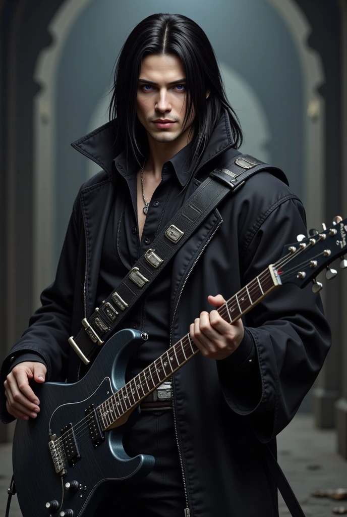 Sephiroth , ff7, with black hair, violet eyes, holding a guitar and with a slight smile
