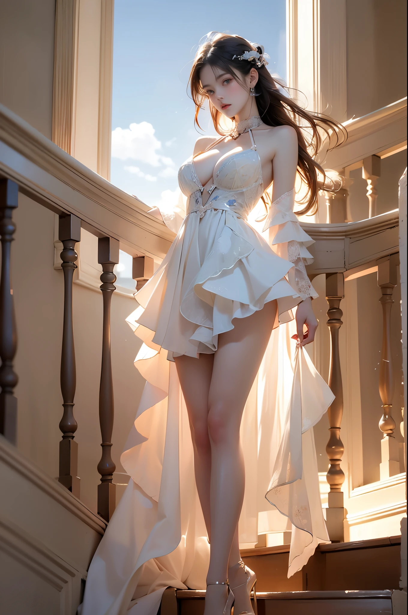 glowing, (masterpiece, best quality:1.2), 1girl, solo, ((bare shoulders)), ((whole body)), actual, Fashion girl, red lips, mature women, beautiful妆容, big eyes, beautiful eyes, (best quality, masterpiece:1.2), super detailed, (actual:1.37), ((Sexy beautiful legs)), slim body, slender legs, beautiful, Young and energetic, Charming model, leg mold, big breasts, cleavage, The skirt is short, ((on the stairs, leaning against guardrail)), (exquisite eyes), Show a bright smile, Create stunning girl images, warm color, Extremely high color saturation, official art, Extremely detailed CG unified 8k wallpaper,(high dynamic range :1.4), (cinematic),(pastel colors, The color is dull, soothing tone :1.3), (natural skin texture, ultra-actual, soft light, sharp),(Very detailed), correct, 解剖学correct, correct的手, correct的腿
