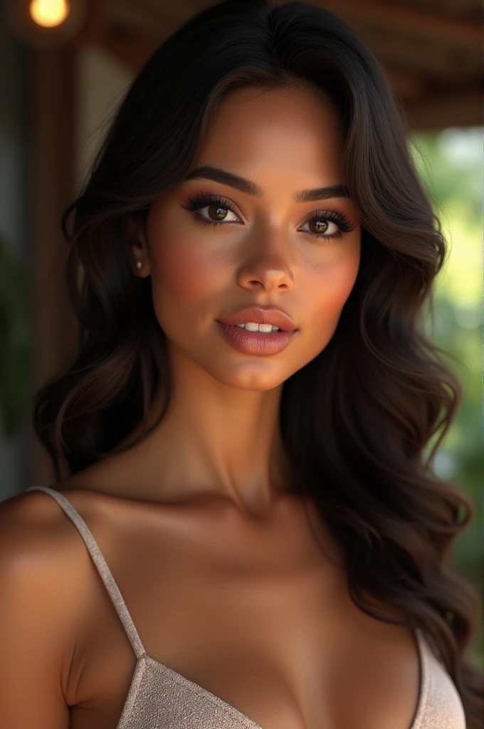 a beautiful woman, beautiful Latin face, Brazilian supermodel, stunning, stunning beauty, Angolan descent, most beautiful woman in the world, jaw-dropping beauty, young adult 30 years old, She has an exotic beauty, native Brazilian, tall woman, a stunning black African woman, with indigenous features, beautiful indigenous girl, ((An indigenous African girl with European ebony)), ((her beauty is undeniable)), beautiful young ebony girl with dark skin, tanned Mexican. *hair: Curly black hair with brown highlights, Voluminous black hair with brown highlights, vibrant and dynamic cut with soft waves. *eyes: green and expressive eyes, beautiful green eyes, realistic green eyes, detailed green eyes, ultra realistic, symmetrical, hyper realistic, (eyeliner, long eyelashes), intense and penetrating look, seductive, mysterious and charming look, look at it magnetism, attraction and fascination. * Eyebrows: Perfect eyebrows that arch gracefully above the eyes and are thick. * the nose is small and proportional to the face and the soft contour of the face that accentuates the high cheekbones. *Mouth: Attractive and irresistible mouth, well-defined lips, full lips, voluminous lips, seductive lips, captivating, striking, unforgettable, mischievous, sexy, your features are captivating, seductive expression, a seductive smile is enigmatic *Face shape: O the face is oval, with high cheekbones and a well-defined chin, a beautiful and detailed face. *Makeup: Makeup is subtle, but highlights natural features. Skin Tone: Olive skin, with healthy and even glow, with olive skin, dark skin, sexy girl with dark skin, detailed skin texture, beautiful and glowing skin, intricate details, smooth skin, healthy and radiant appearance. *body: attractive and slim woman, medium bust, athletic, thin waist, wide hips, big butt, thick thighs, shapely legs. sexy pose, full body photo, ((seductive)), Sexy, (black leather bra:1.1), (black leather pencil skirt:1.2). 3D 4k, high resolution, full sharpness
