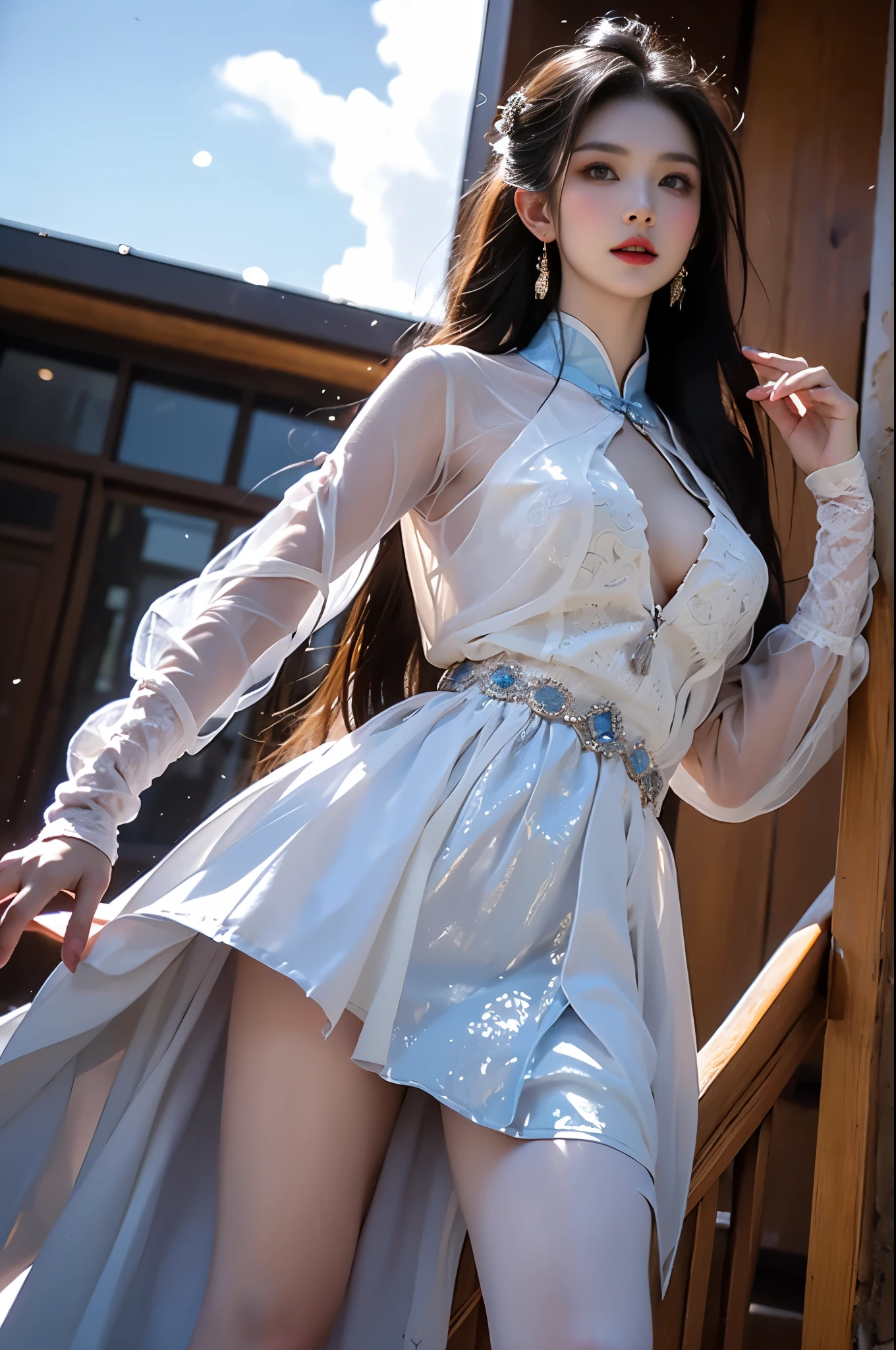 guqinghan,hell,chinese clothes,china dress, ((whole body)), ((Chest Window, Visible cleavage)), Practical, Fashion Girl, Red lips, Mature women, cosmetic, big eyes, beautiful eyes, ((whole body)), ((From below)), (best quality, masterpiece:1.2), Very detailed, (Practical:1.37), ((Sexy long legs)), beautiful, Young and energetic, Charming model, Large Breasts, Clive Arch, (Exquisite eyes, Delicate lips, extremely Exquisite eyes), Show a bright smile, Create stunning girl images, warm color, Very high color saturation, Official Art, Extremely detailed CG unified 8k wallpaper,(High Dynamic Range :1.4), (Movie),(Soft colors, Dull Color, Soothing tone :1.3), (Natural skin texture, ultra-Practical, Soft Light, sharp),(Very detailed), night, moonlight, ((In the mountains, plant, Leaning against the rocks))
