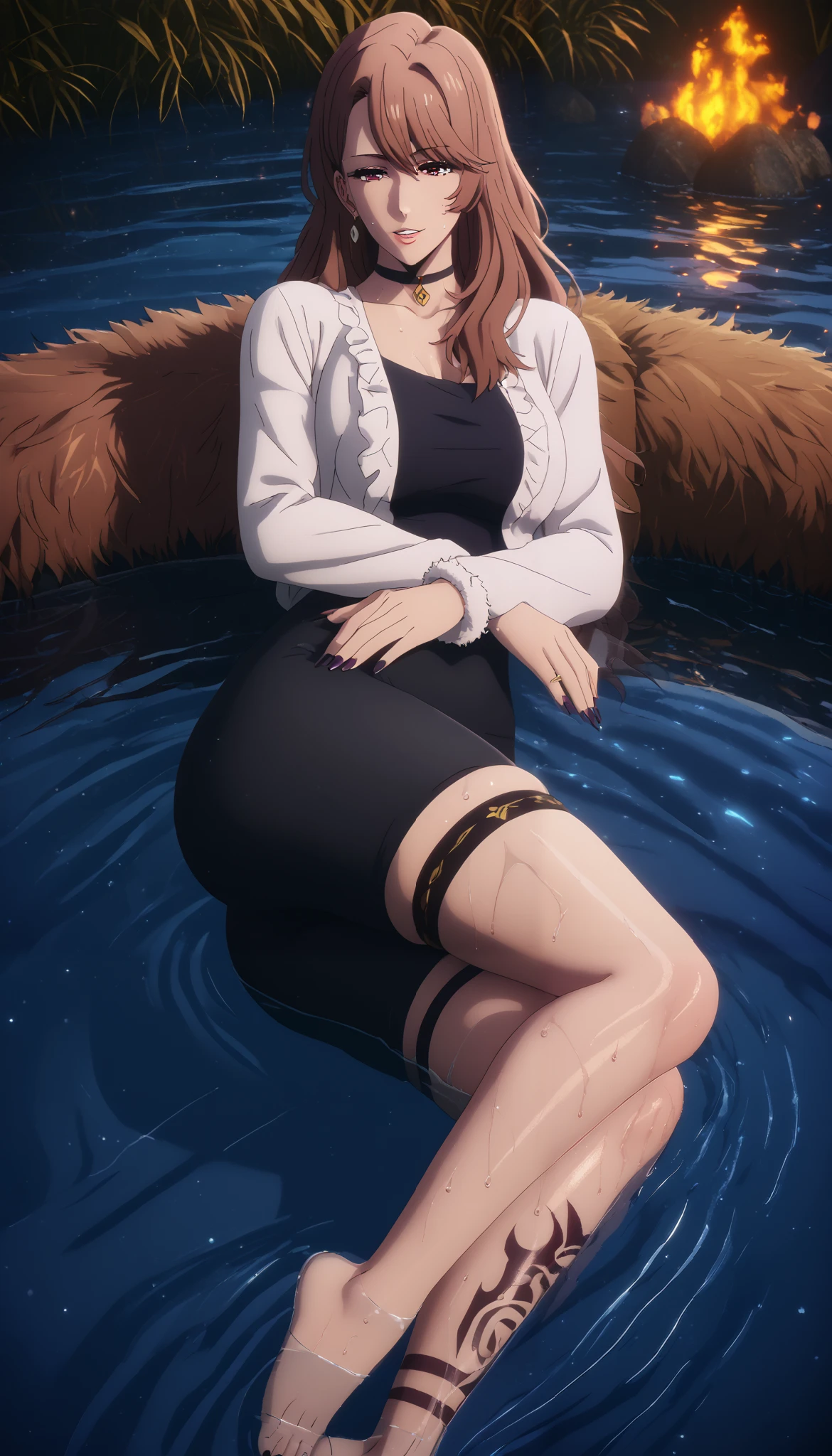 score_8_up, score_6_up, uncensored, source_anime, miyako saitou, long hair, brown hair, brown eyes, Large breasts, 3d, cgi, (voluptuous:1.3), (thick:1.3), BREAK UHD, retina, masterpiece, accurate, anatomically correct, textured skin, super detail, high details, high quality, award winning, best quality, highres, 4K, black nails, makeup, eyelashes, excessive sweating, sweating, sweating drop, (gasping, heavy breathing:1.3), (skindentation:1.2), perfect eyes, beautiful eyes, eyelashes, makeup, detailed body, perfect body, BREAK, 1girl, water, fire, purple fire, solo, tattoo, lying, on side, magic-realism, blue fire, feather boa, leg tattoo, looking at viewer, magic, partially submerged, feet, choker, gloves, full body, fur trim, sharp fingernails, parted lips, seductive smile, half-closed eyes, BREAK, ruanyi0871, black bodysuit, black bodysuit, frills, long sleeves, no panties, bow, white shirt, pink cropped jacket, crotch seam