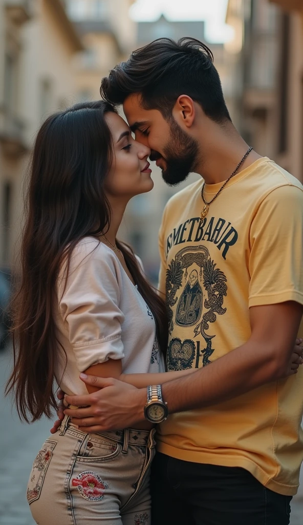 A man and a woman are kissing and hugging each other