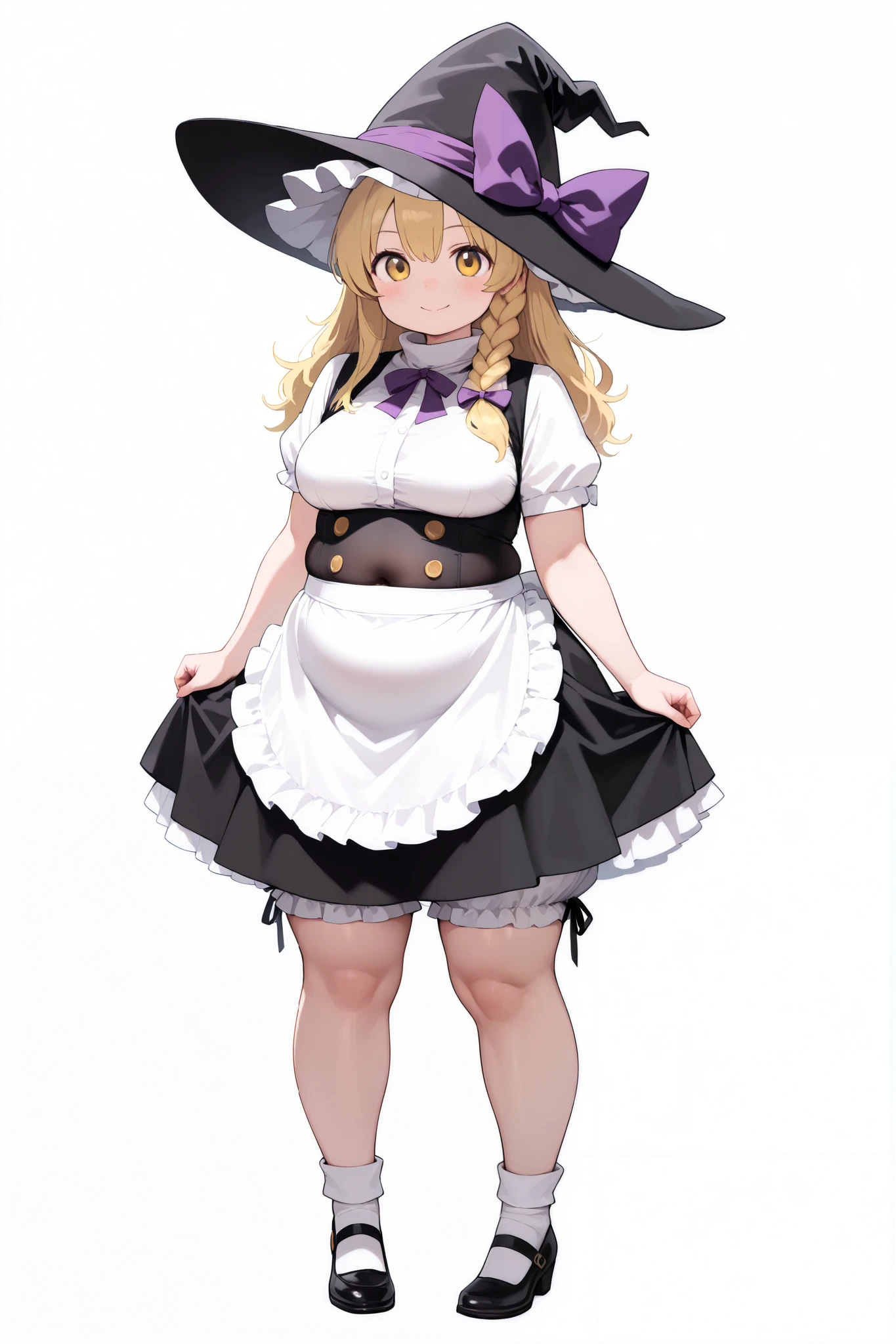 solo girl, score_9,score_8_up,score_7_up, masterpiece, best quality, highest resolution, from front, (chubby woman), wide head, thick legs, Standing, photorealistic, full body, Round face, legs apart, thin waist, big hips, plump thighs, curvaceous, simple background, white background, smile, looking at viewer, focus legs, medium breasts, (Standing in honor), apron, bloomers, underwear,bow, hat, hat bow, waist apron, witch hat, KIRISAME MARISA BLONDE HAIR, YELLOW EYES, SINGLE BRAID,