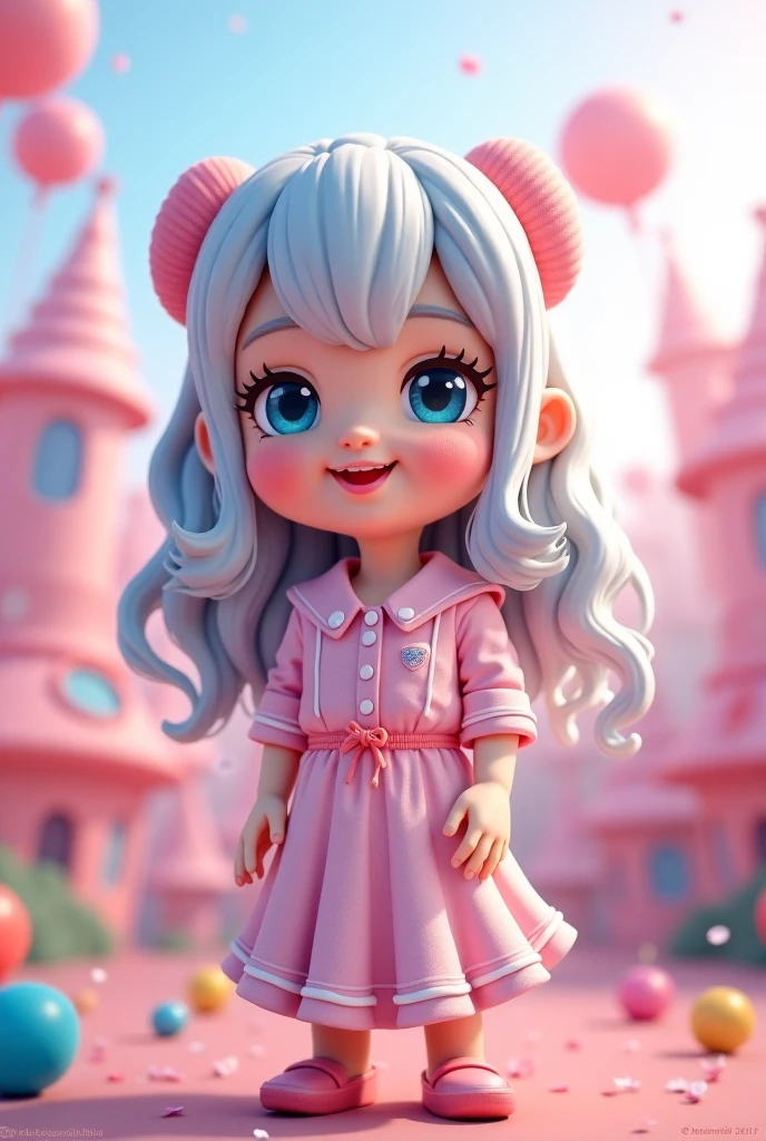 Violet eyes pink hair long pony tail design 14 years old kid (magic mini skirt blue and galaxy with stars dress) cute face with appealing smile golden star emblem (petite body) sitting in the grass ground (with miday light)