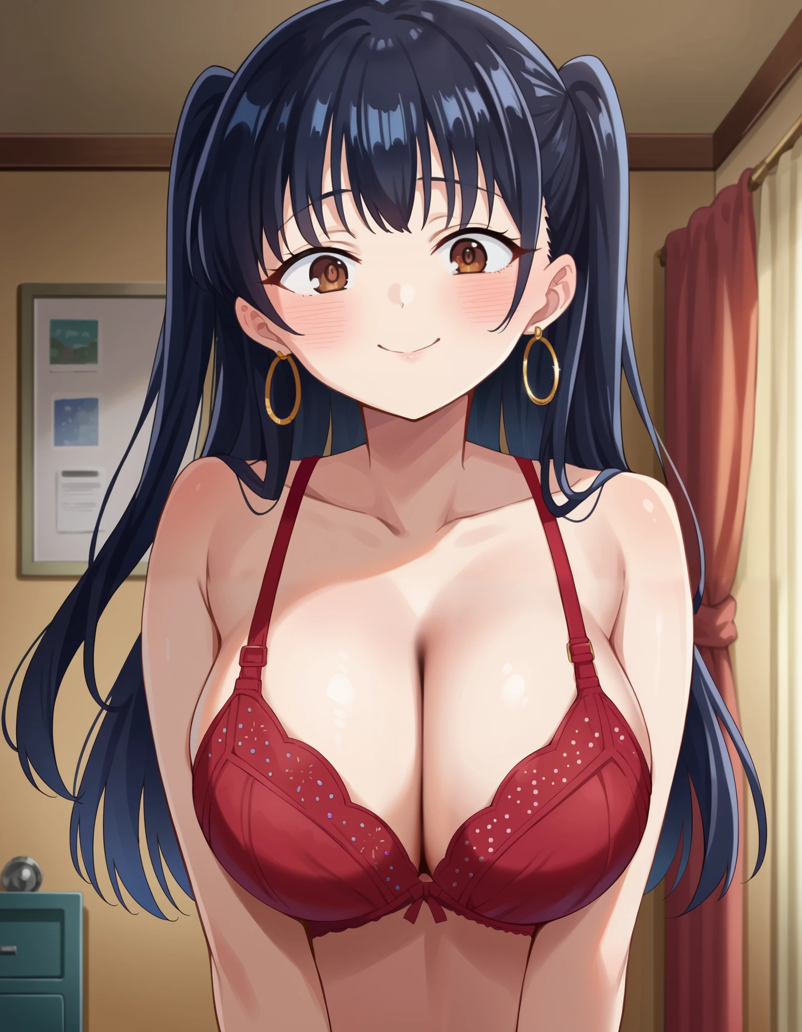 score_9, score_8_up, score_7_up, source_anime, annayamada, anna yamada, 1girl, anna yamada, long hair, bangs, indoors, night, night time, room, Anna twintails, two side up, jewelry, hoop earrings, bra, red bra, panties, red panties, nude, black hair, solo, brown eyes, breast, large breast, blush, long hair, smile, shy smile, drawstring, twintails, cowboy shot, upper body, pov, N0R3AL_PDXL