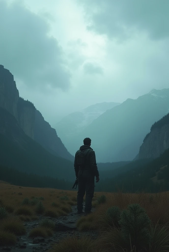 Imagine being stranded in a foreign land, without a way home. UHD, realistic, cinematic, with a dramatic view of vast, unknown landscapes under a cloudy sky, evoking isolation and uncertainty."