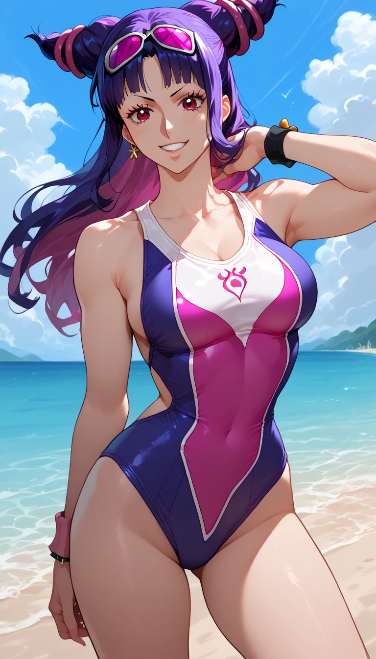 Score_9, Score_8_up, Score_7_up, Score_6_up, Score_5_up, Score_4_up, Source_anime, Tag1, Tag2, Quality_masterpiece, Anatomically correct, Beautiful face, raiden shougn, purple hair, purple eyes, a girl wearing trendy orange sunglasses , with Beach As background, portrait, Seductive smile, Naughty face, Embarrassed, Blush, Shy, Drunken eyes, Looking pleasured BREAK Rating_questionable, Teacher Swimming, See-Through School swimsuit, Water, Wet, Soaking feet