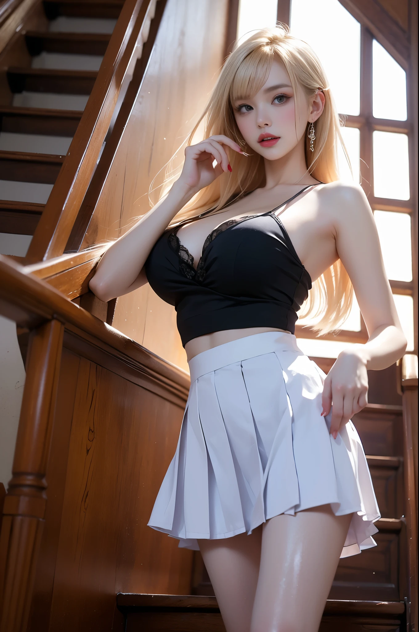 Armpits, Arms, Arms Up, Arms behind head, (1 girl, solo), Uniform, Schoolgirl, Miniskirt, (Big:1.2), Cleavage, White hair, Earrings, Jewelry, Watch Viewer, Outdoors, Beauty, Korean Idol, Tights, Beautiful skin, Whitening,