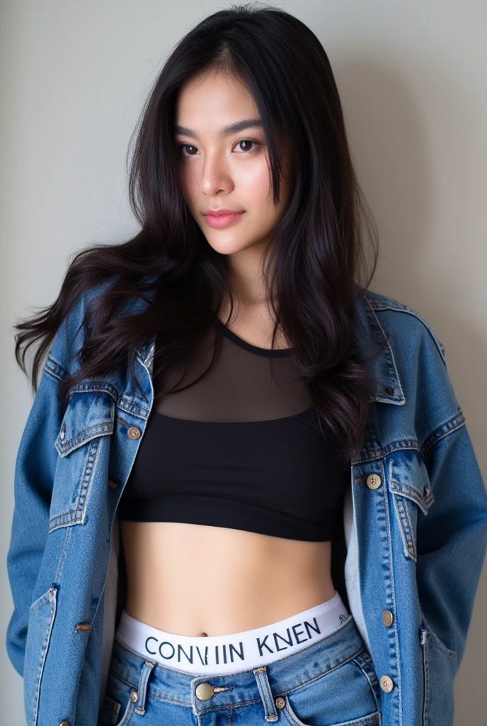(Hyperrealistic 12 years old short girl,, (She is 13, photo, young little short indian girl in studio for photoshoot, ,wearing a white graphic t-shirt over a black long-sleeve shirt, dark blue jeans, and a black choker necklace,  Ultra Detailed, Raw,. She is dressed in an ultra-short tight sleeve t-shirt with thin straps ,  black chocker , She has medium-length hair, Standing in front of a orange studio background for photoshoot, smile, (posing with hand)