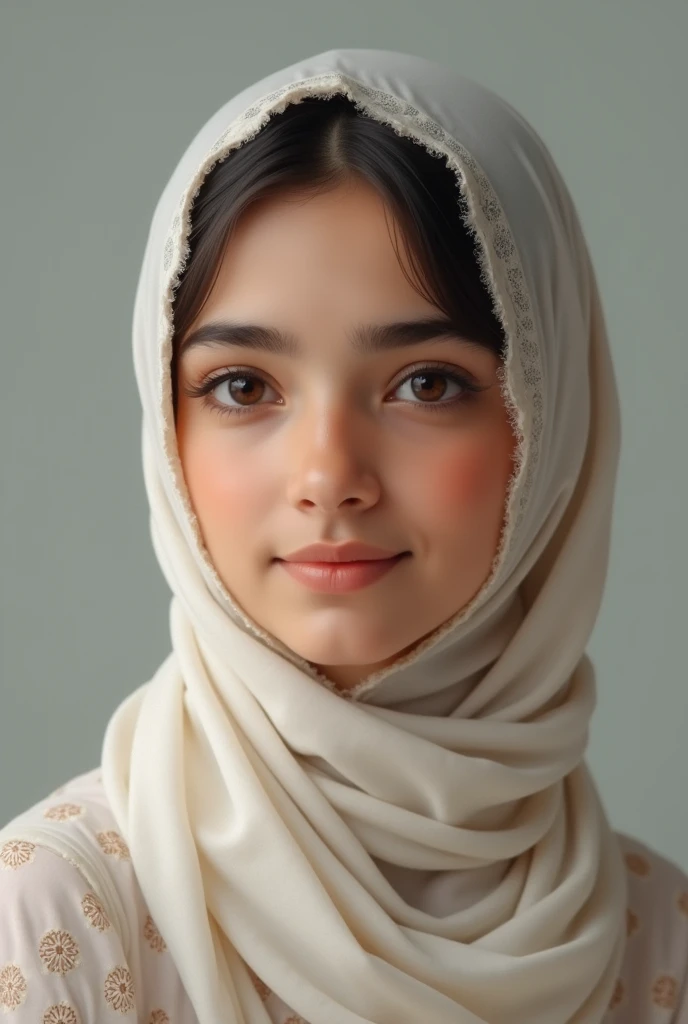 there is a young girl wearing a white head scarf, student, white hijab, with kind face, old picture, faridah malik, hijab, detailed picture, serena malyon, profile picture 1024px, inspired by Naza, a picture, with a beautifull smile, protrait, captured on iphone, with apple, full protrait