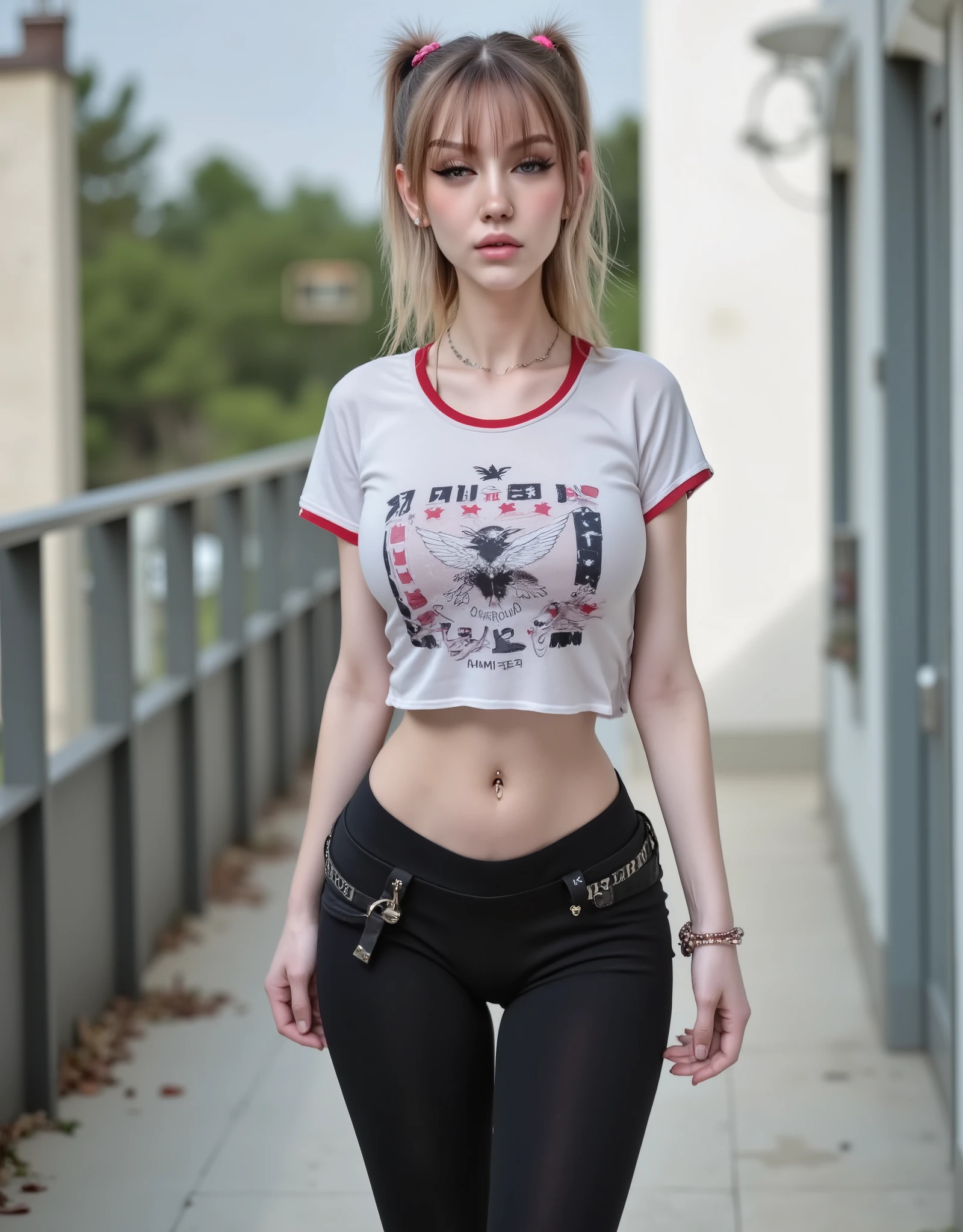 ultrarealistic photo, 8k,  girl, школьница, skinny, красивая, blonde, in leggings, short t-shirt, It stands sideways, makeup, ponytail, fullbody photo